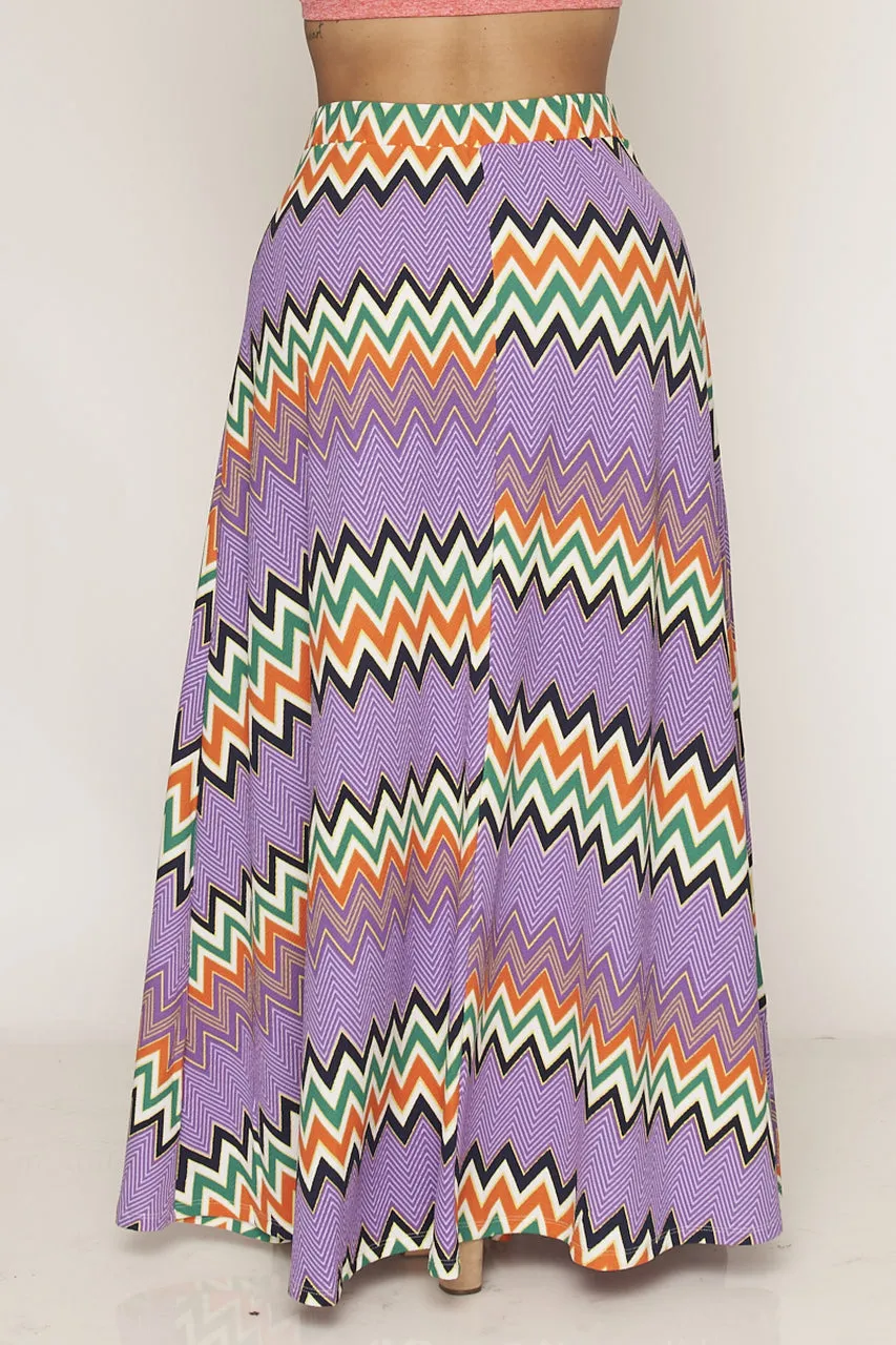 Purple Abstract Print Plus Size Maxi Skirt