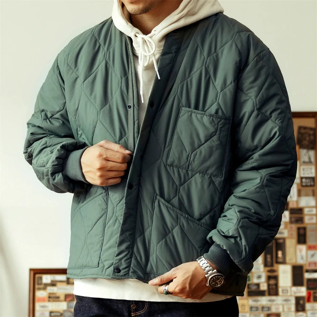 Quilted CWU 9/P Military Style Men's Liner Coat - Sage Green