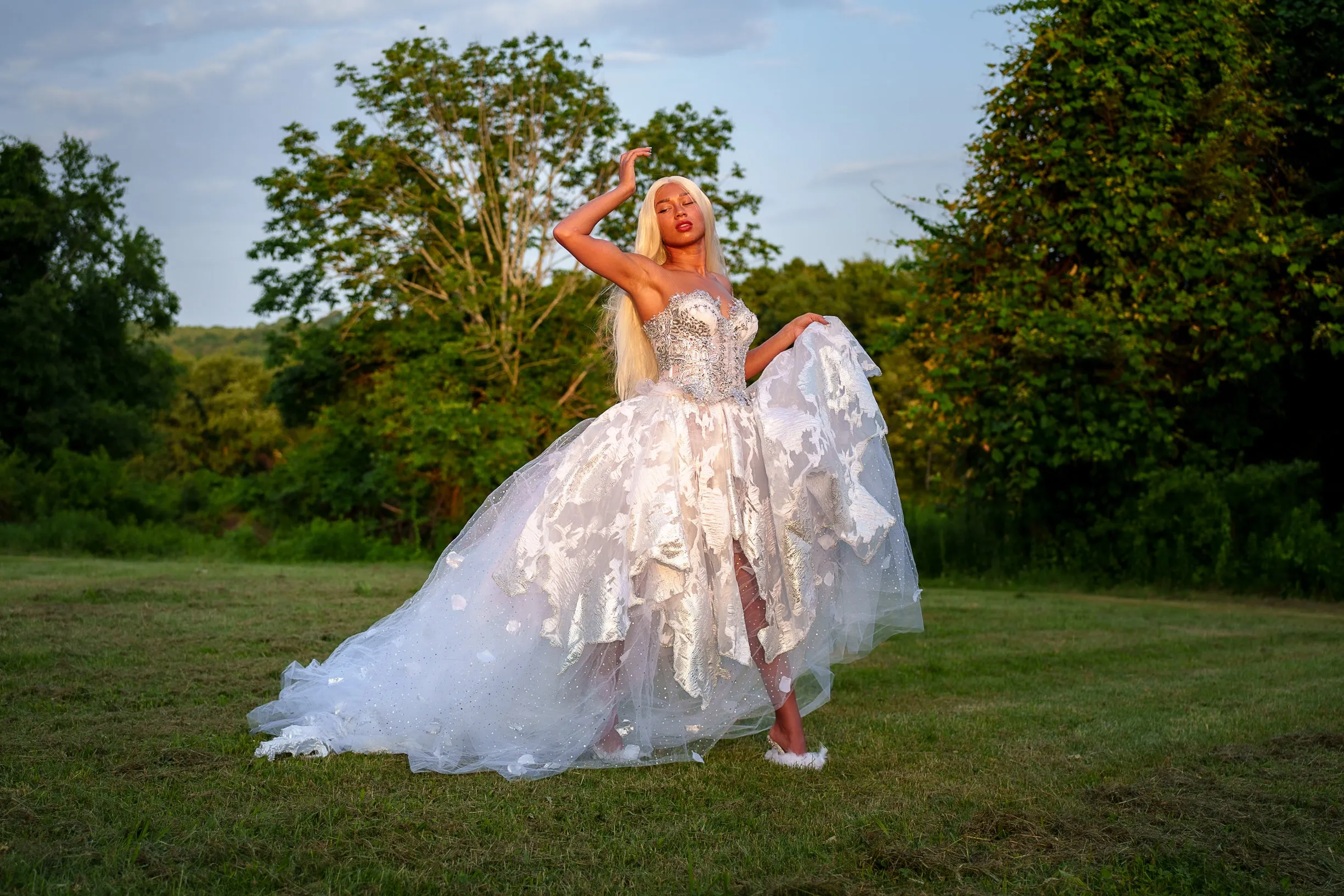 "PRINCESS MARILYN" White & Silver Embroidered Organza Crystal Wedding Ballgown Set