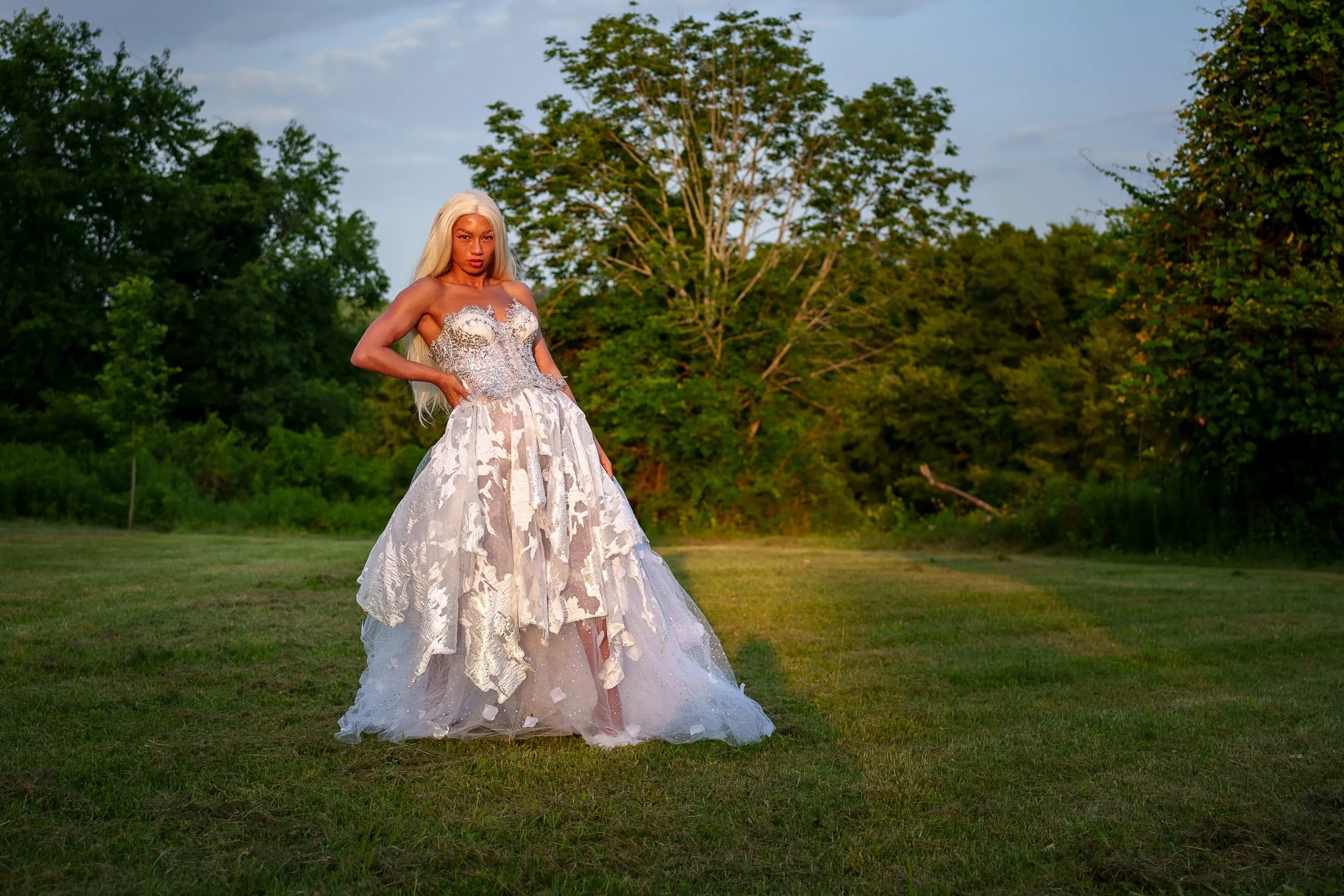 "PRINCESS MARILYN" White & Silver Embroidered Organza Crystal Wedding Ballgown Set