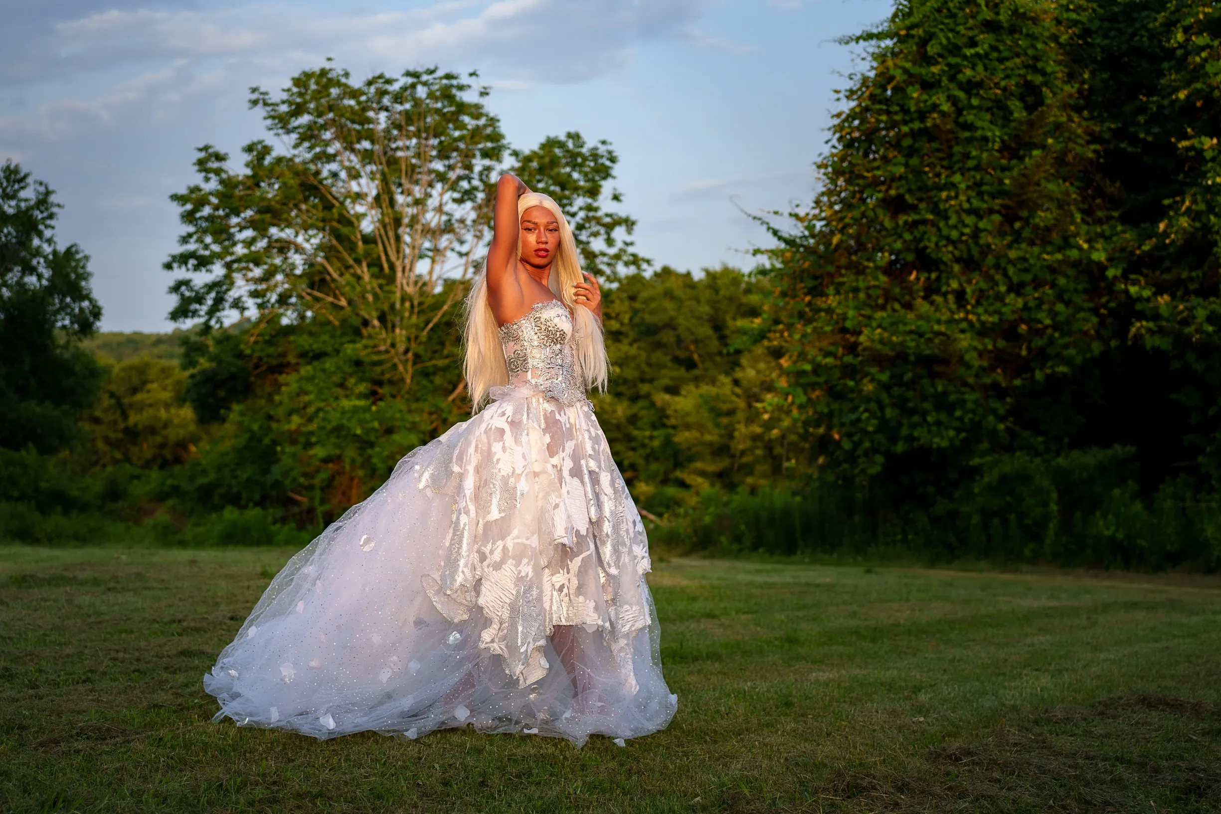 "PRINCESS MARILYN" White & Silver Embroidered Organza Crystal Wedding Ballgown Set