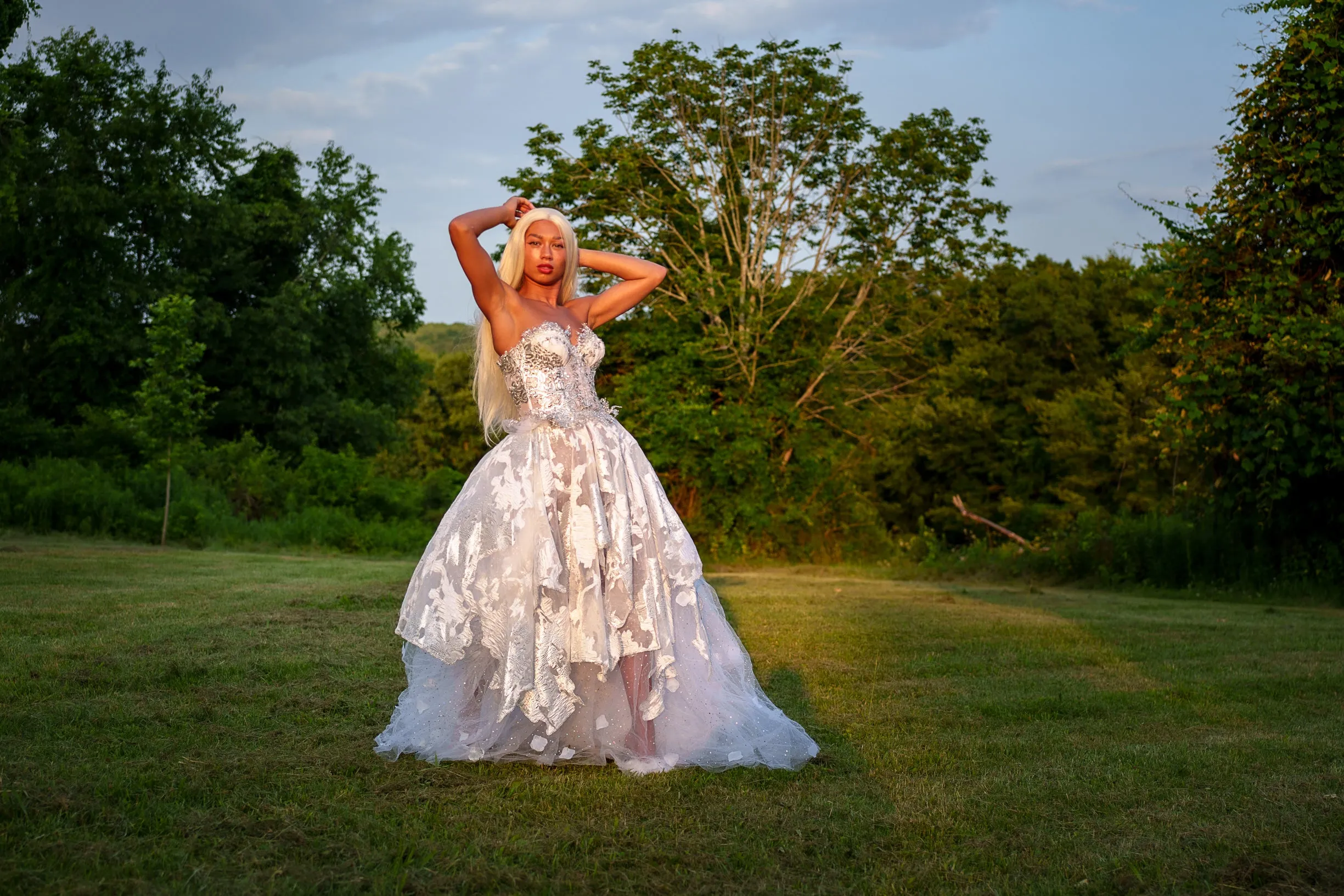 "PRINCESS MARILYN" White & Silver Embroidered Organza Crystal Wedding Ballgown Set