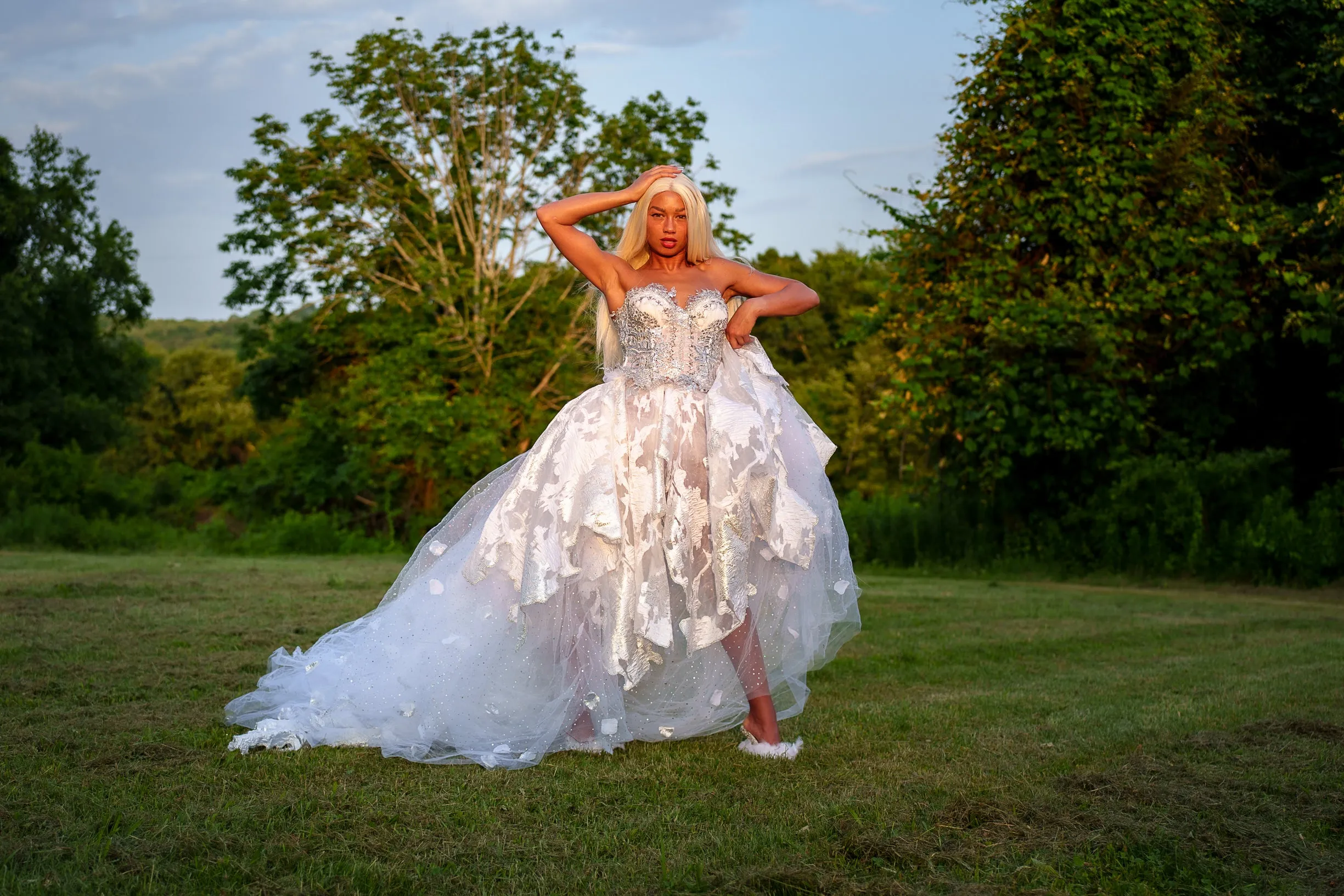 "PRINCESS MARILYN" White & Silver Embroidered Organza Crystal Wedding Ballgown Set