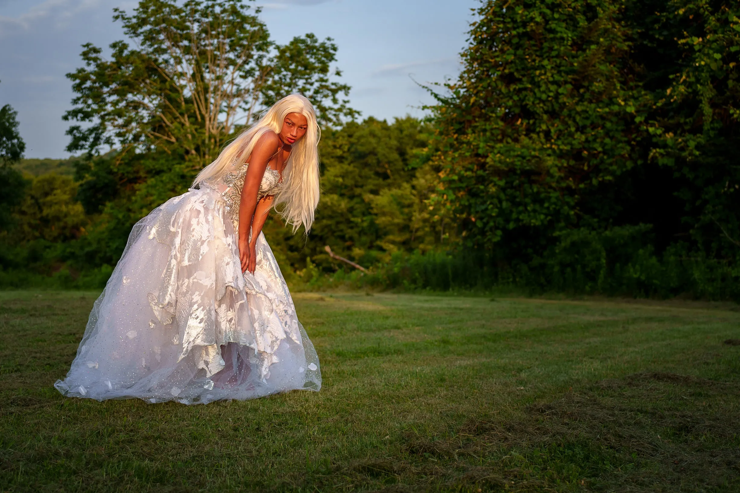 "PRINCESS MARILYN" White & Silver Embroidered Organza Crystal Wedding Ballgown Set