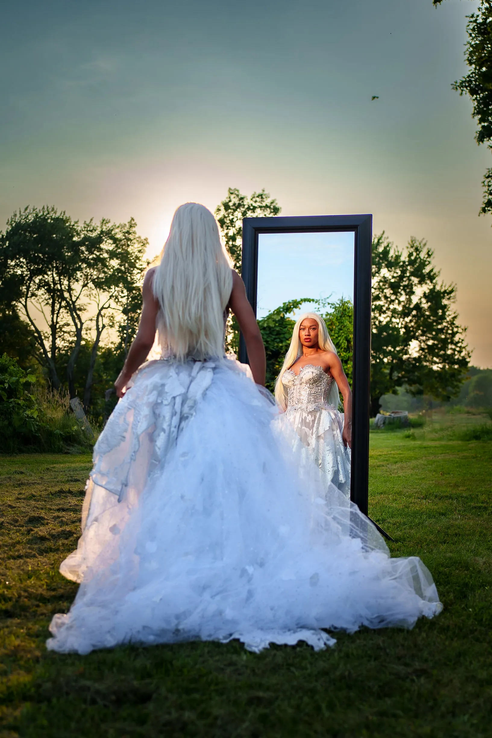 "PRINCESS MARILYN" White & Silver Embroidered Organza Crystal Wedding Ballgown Set