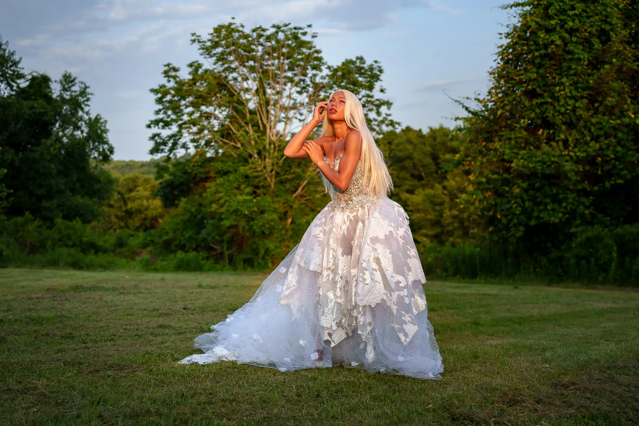 "PRINCESS MARILYN" White & Silver Embroidered Organza Crystal Wedding Ballgown Set