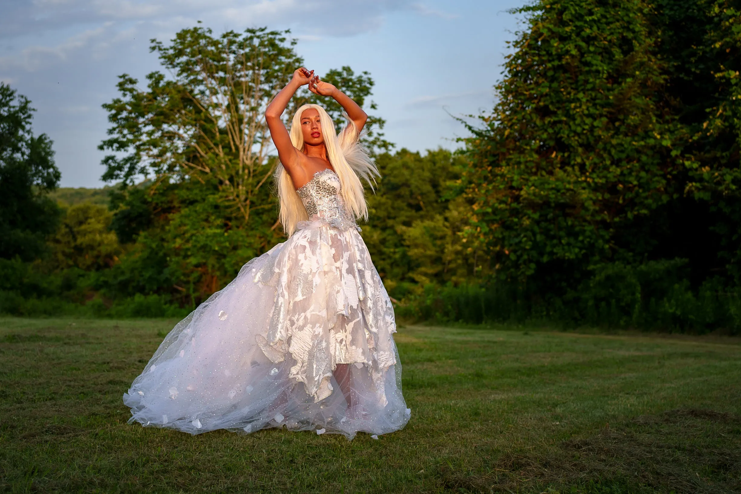 "PRINCESS MARILYN" White & Silver Embroidered Organza Crystal Wedding Ballgown Set