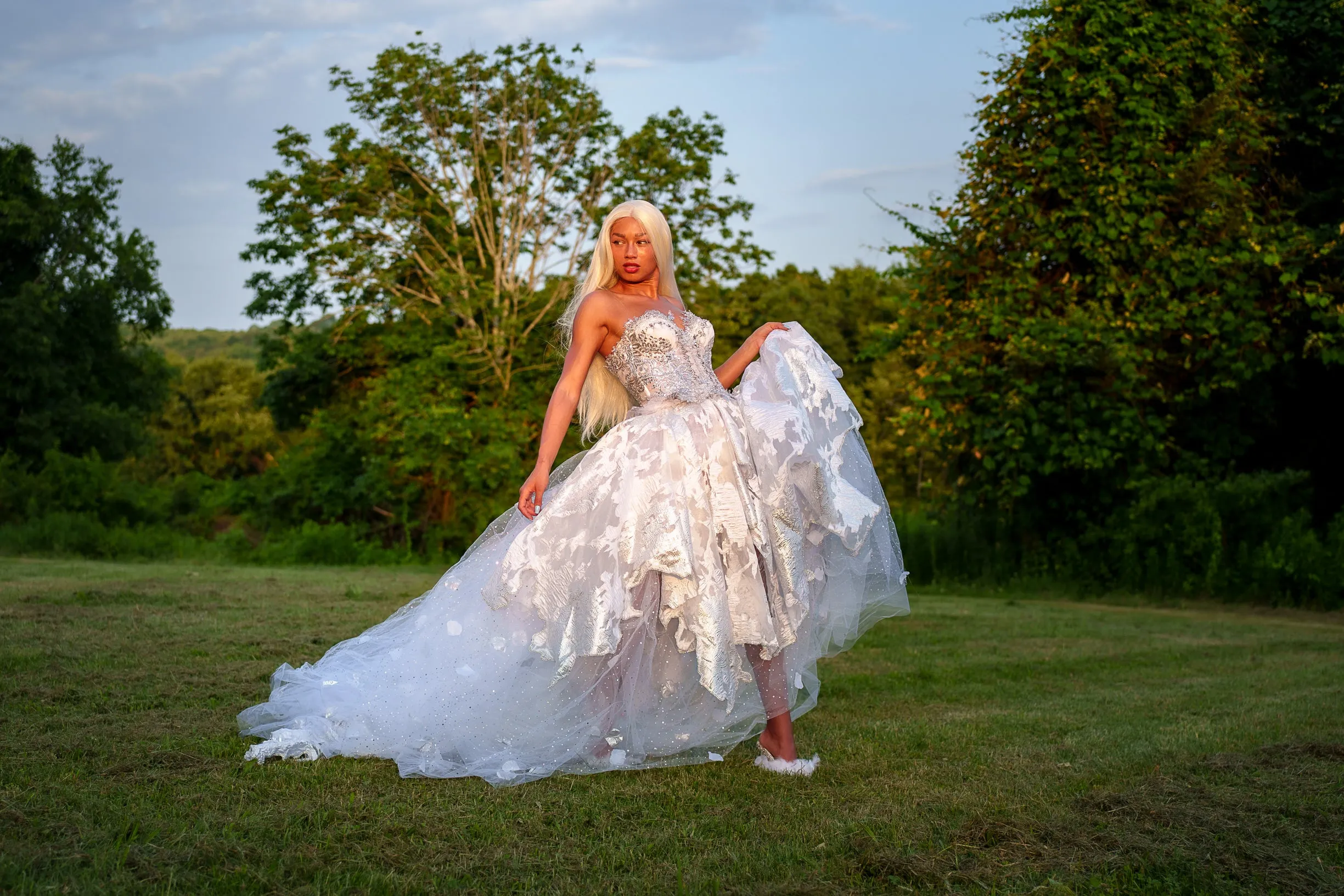 "PRINCESS MARILYN" White & Silver Embroidered Organza Crystal Wedding Ballgown Set