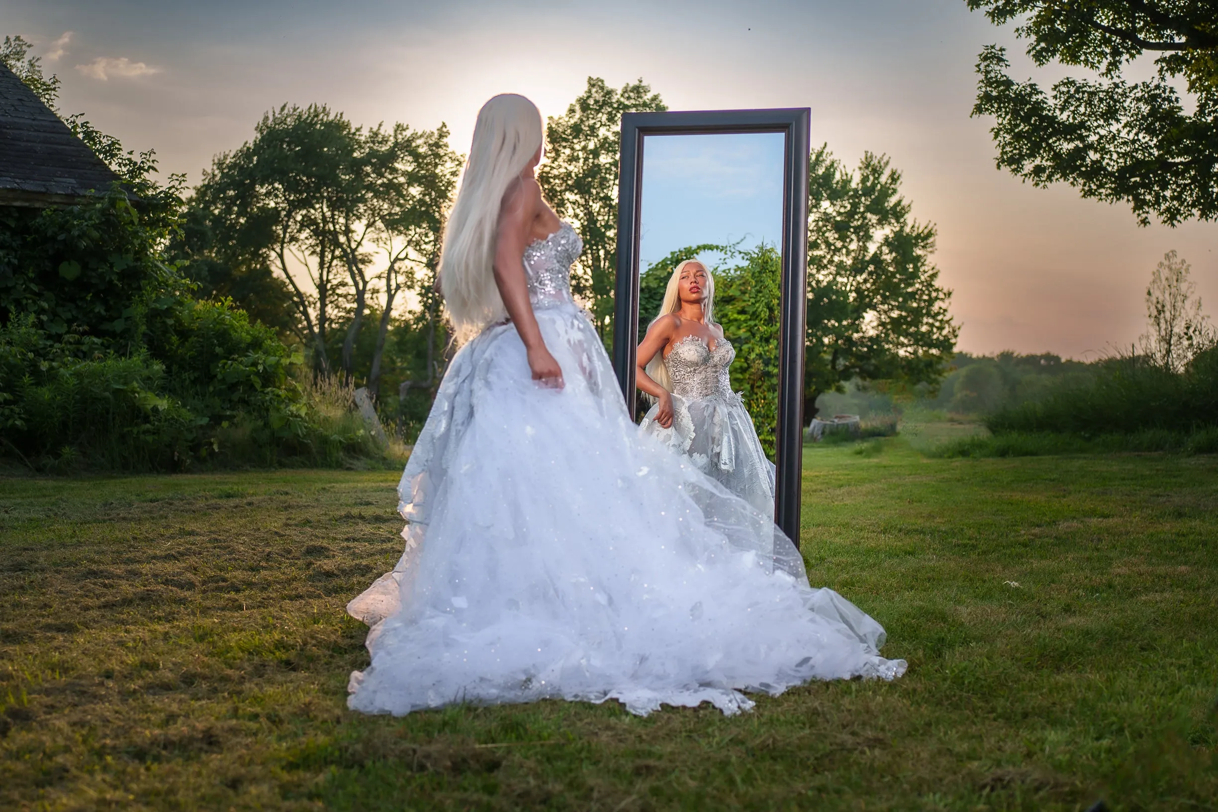 "PRINCESS MARILYN" White & Silver Embroidered Organza Crystal Wedding Ballgown Set