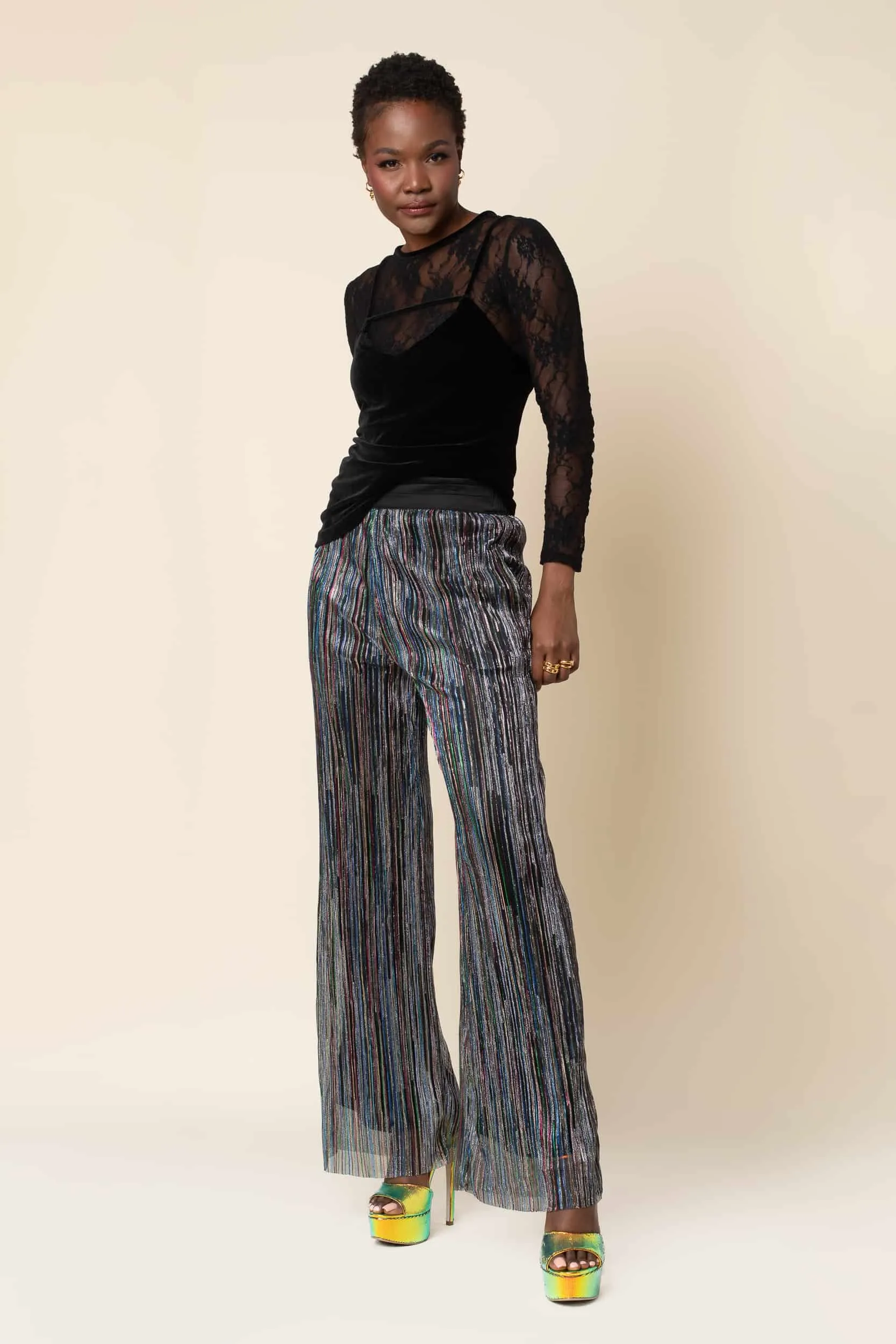 Rainbow Shimmer Pleated Wide Leg Tuxedo Pant