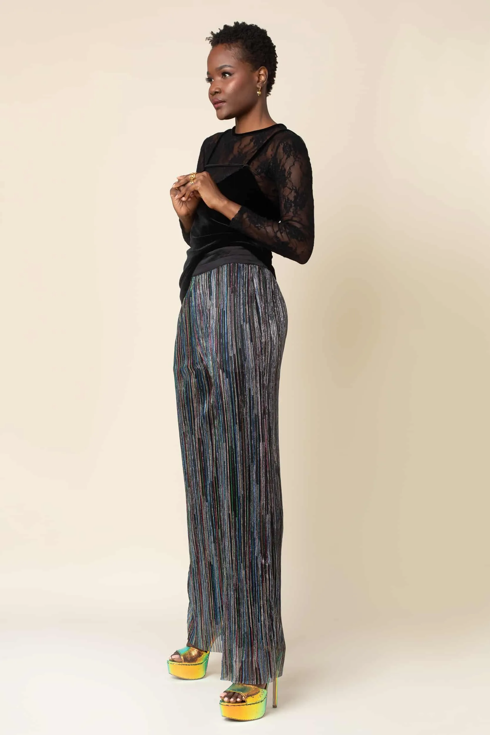 Rainbow Shimmer Pleated Wide Leg Tuxedo Pant