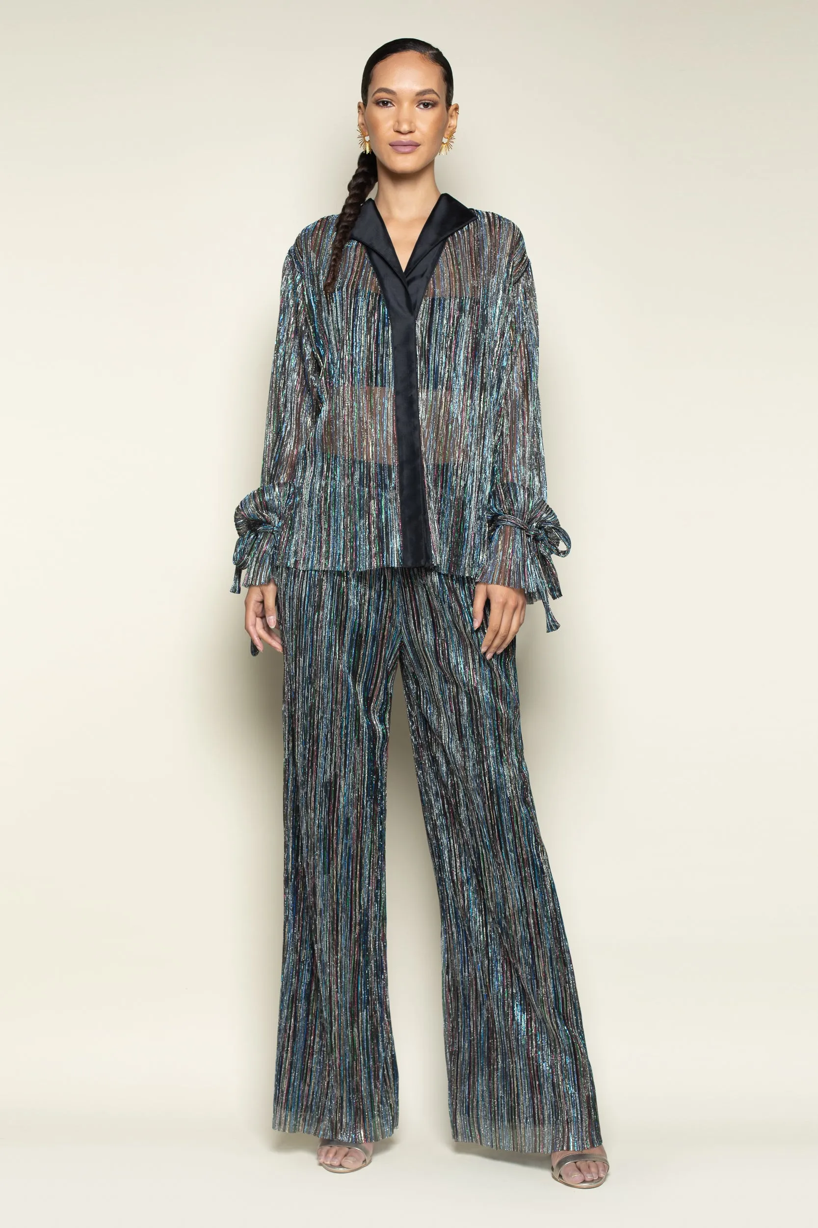 Rainbow Shimmer Pleated Wide Leg Tuxedo Pant