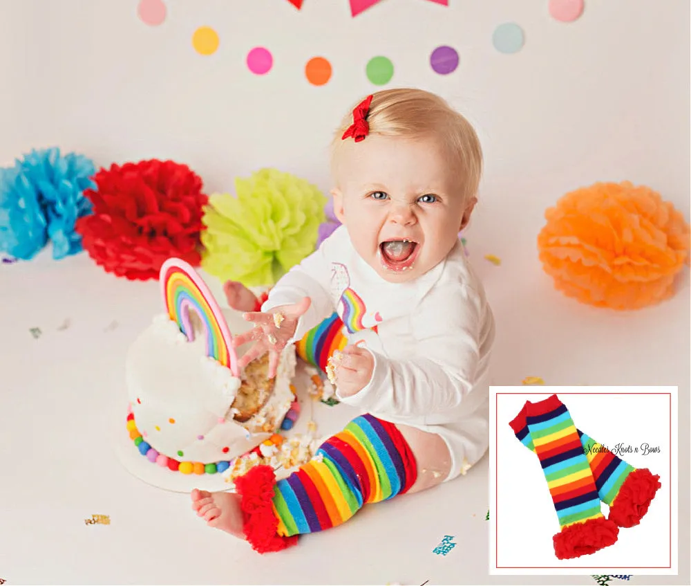 Rainbow Striped Leg Warmers with Red Ruffles, Baby Toddler