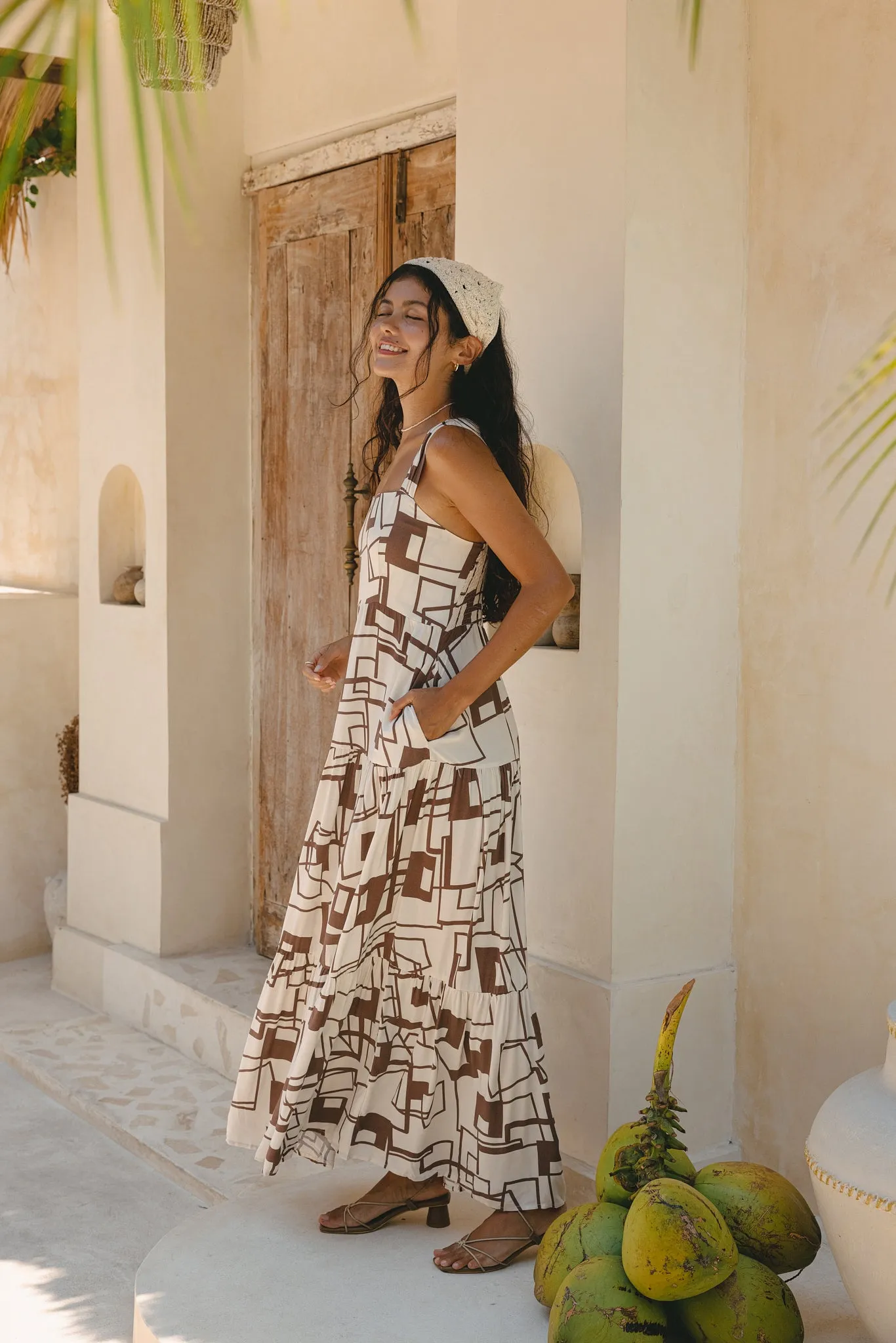 Raven Brown Geometric Tiered Maxi Dress