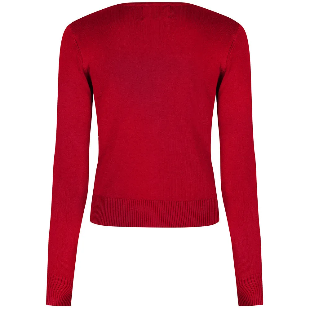 Red Stretch V Neck Button Through Cardigan