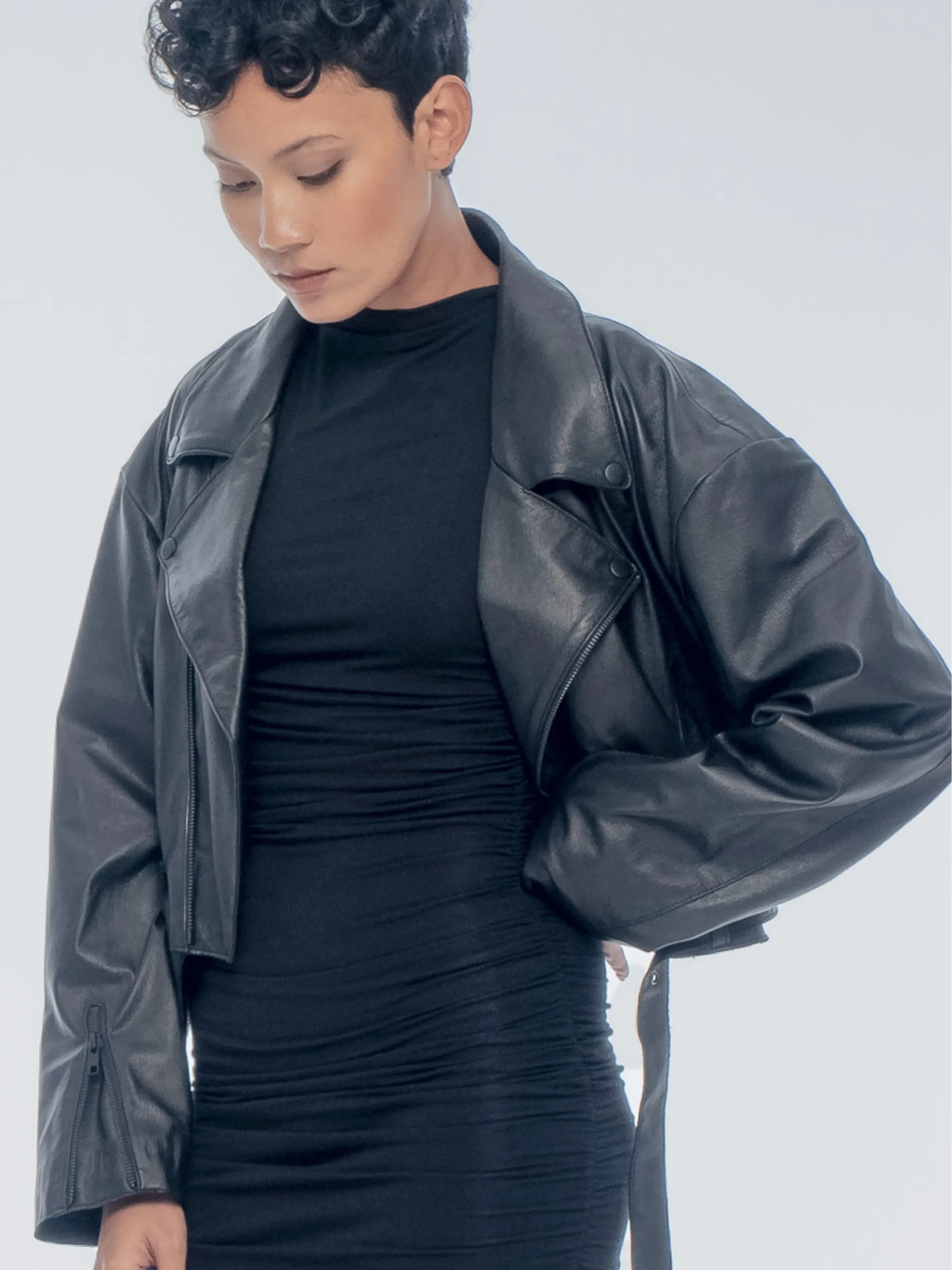 ROSA CROPPED LEATHER BIKER JACKET - BLACK PEBBLE