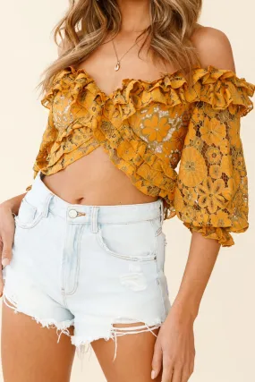 Rosarito Balloon Sleeve Halterneck Lace Crop Top Mustard/Olive