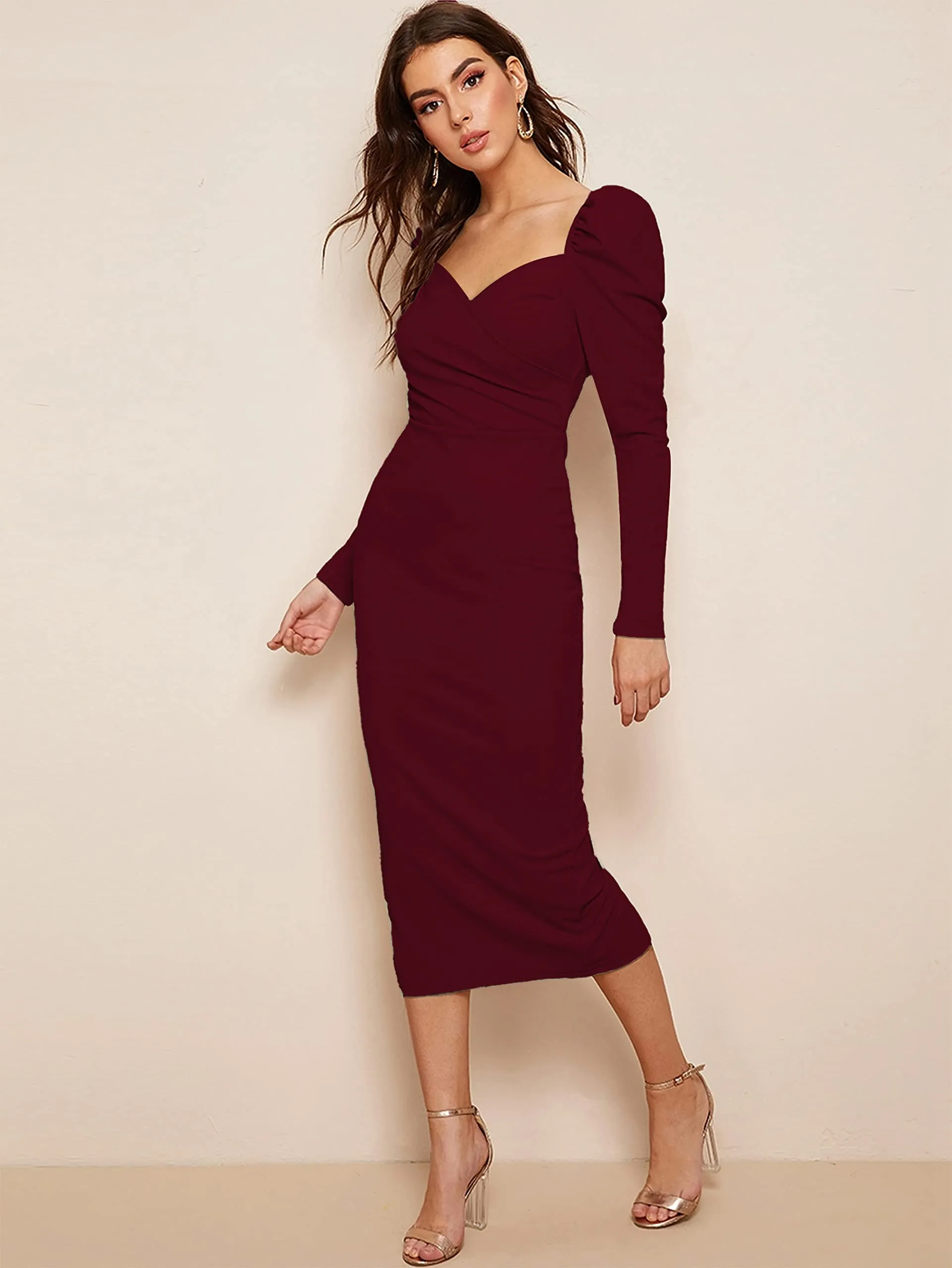 rosery paris Women's MIDI Bodycon Dress One Piece Dress for Women (Maroon, Medium)