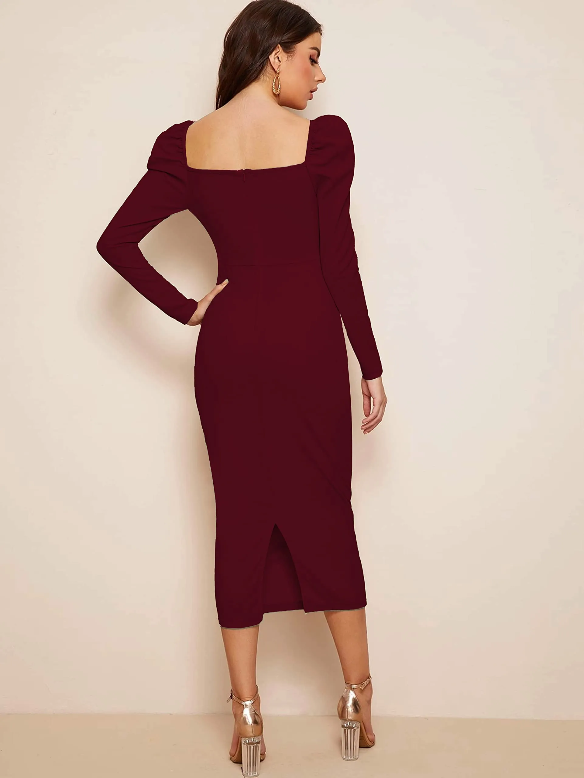 rosery paris Women's MIDI Bodycon Dress One Piece Dress for Women (Maroon, Medium)