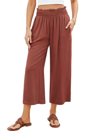 Rust Women's High Waisted Wide Leg Elastic Waist Linen Palazzo Pants Pull On Smock Waist Baggy Fit Trousers