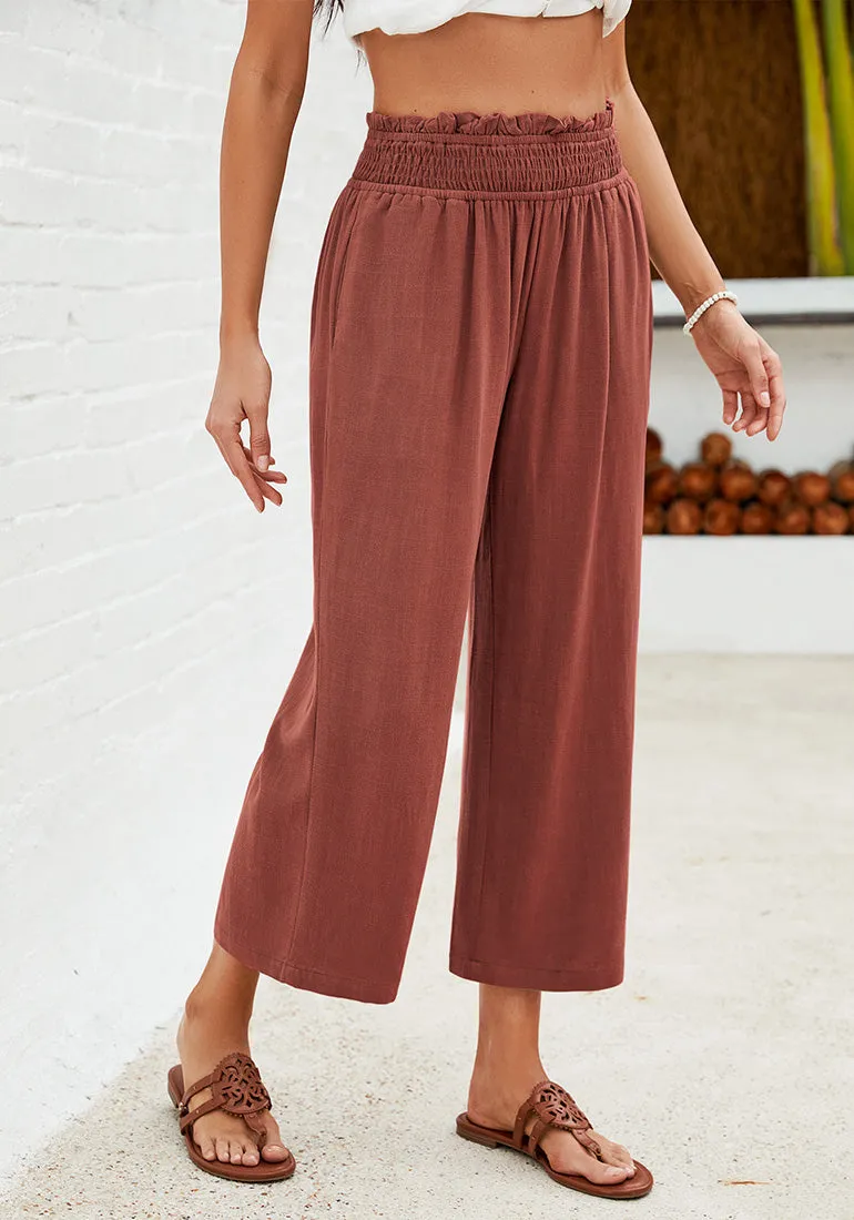 Rust Women's High Waisted Wide Leg Elastic Waist Linen Palazzo Pants Pull On Smock Waist Baggy Fit Trousers