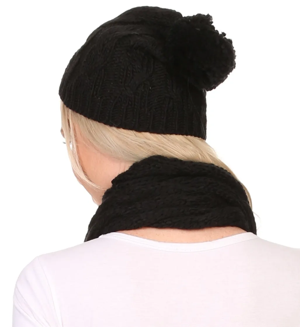 Sakkas Aaric Unisex Cable Knit Pom Pom Bobble Beanie Hat And Scarf Set