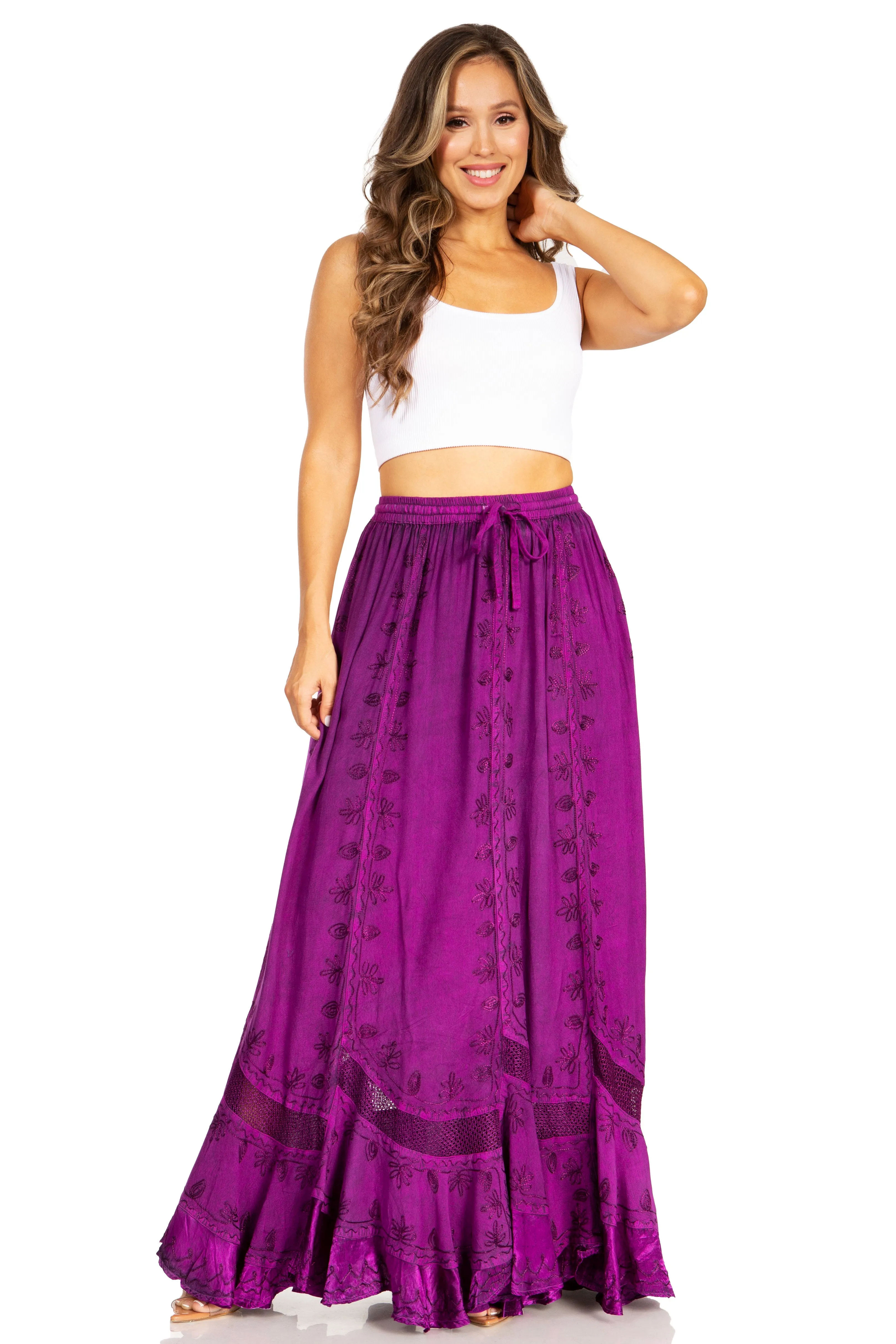 Sakkas Ivy Second Women's Maxi Boho Elastic Waist Embroidered A Line Long Skirt