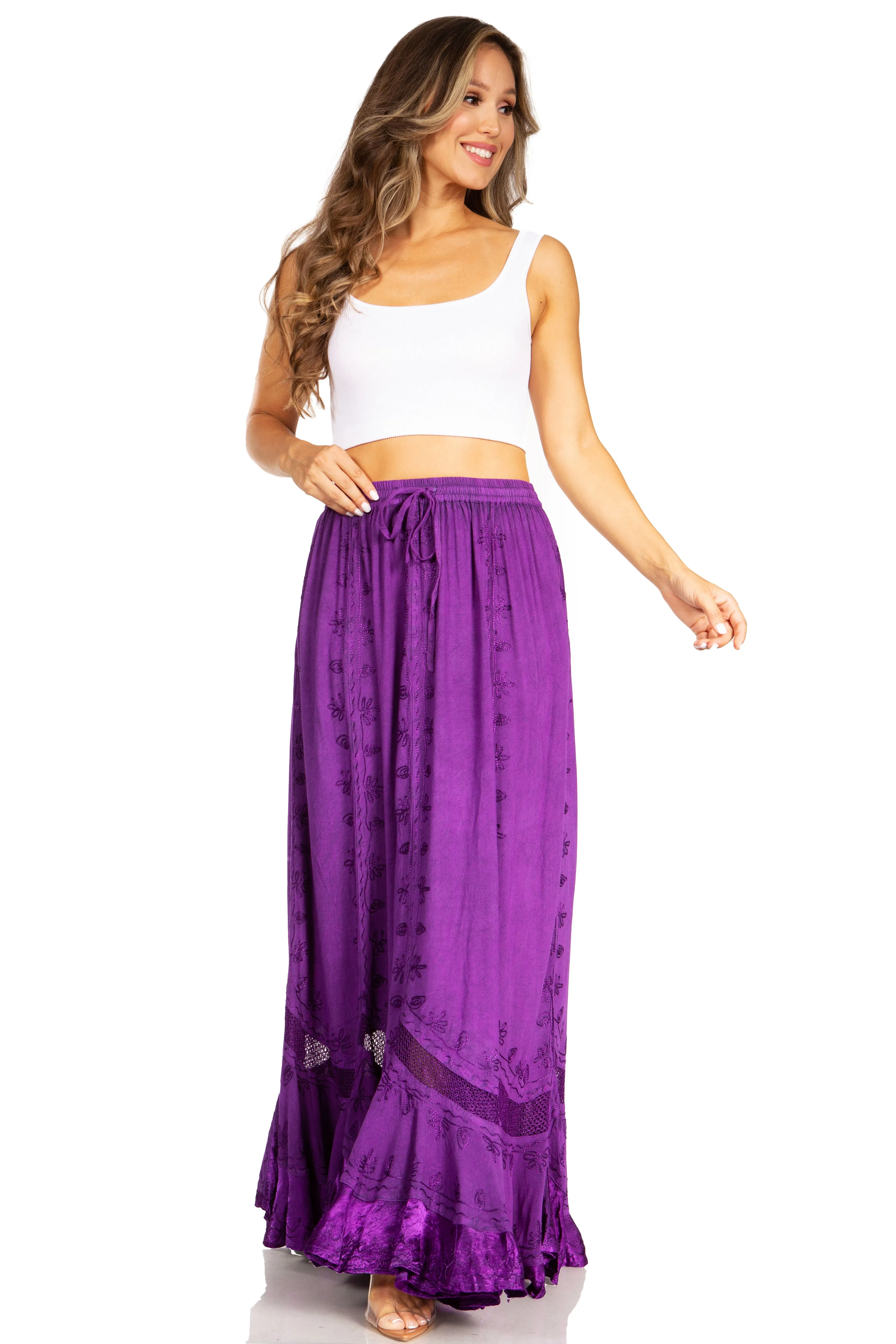 Sakkas Ivy Second Women's Maxi Boho Elastic Waist Embroidered A Line Long Skirt