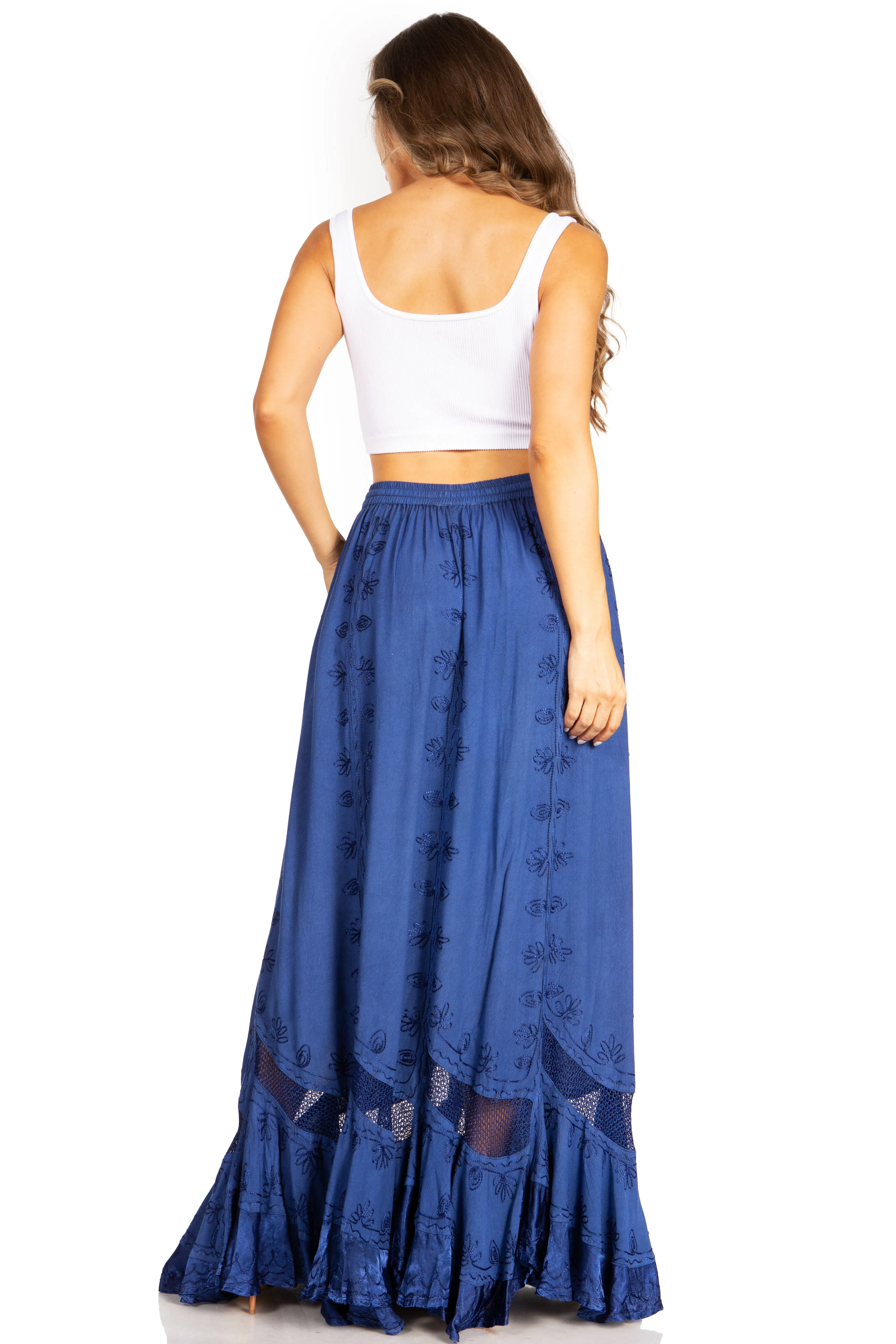 Sakkas Ivy Second Women's Maxi Boho Elastic Waist Embroidered A Line Long Skirt