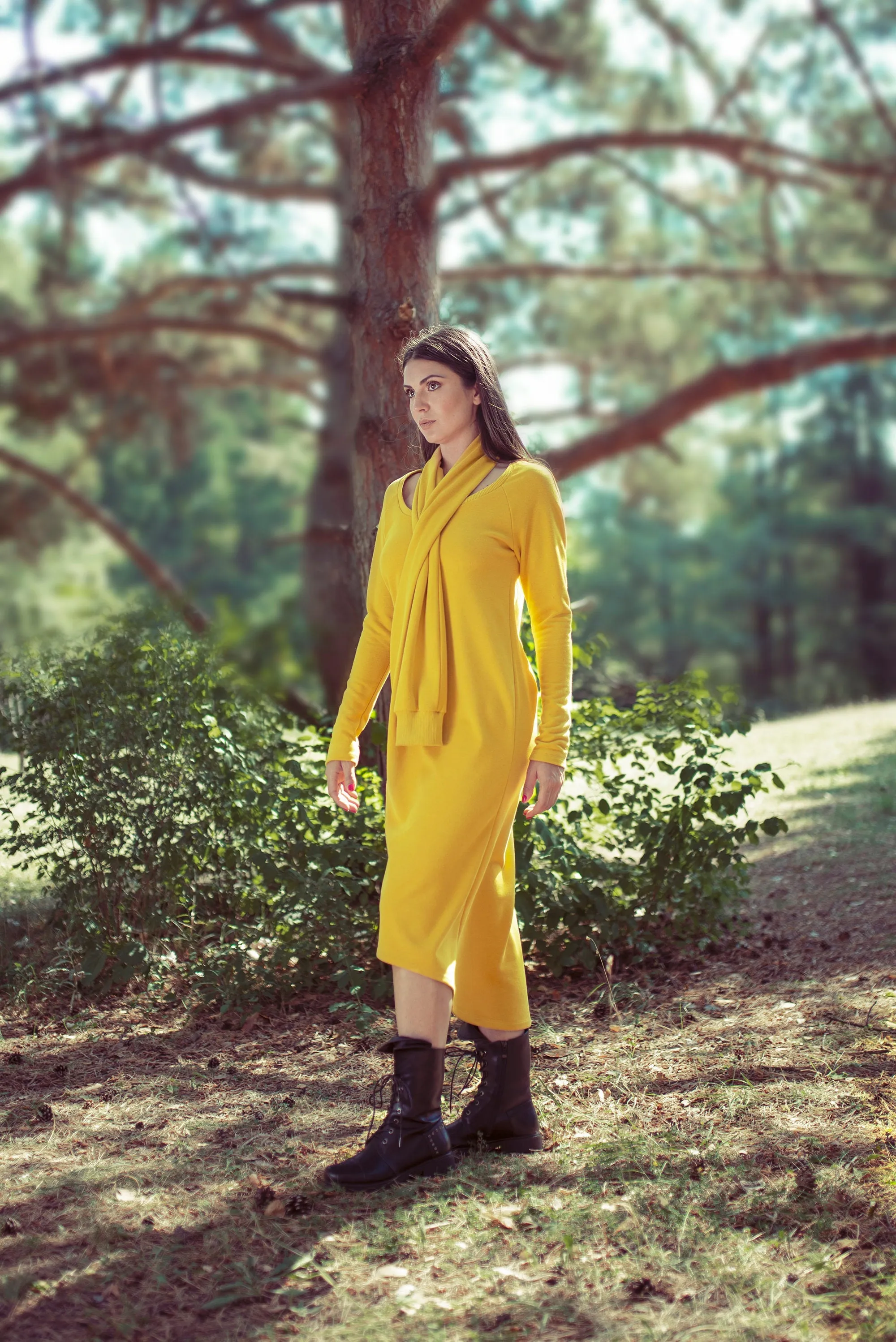 Scarf-Front Mustard Dress