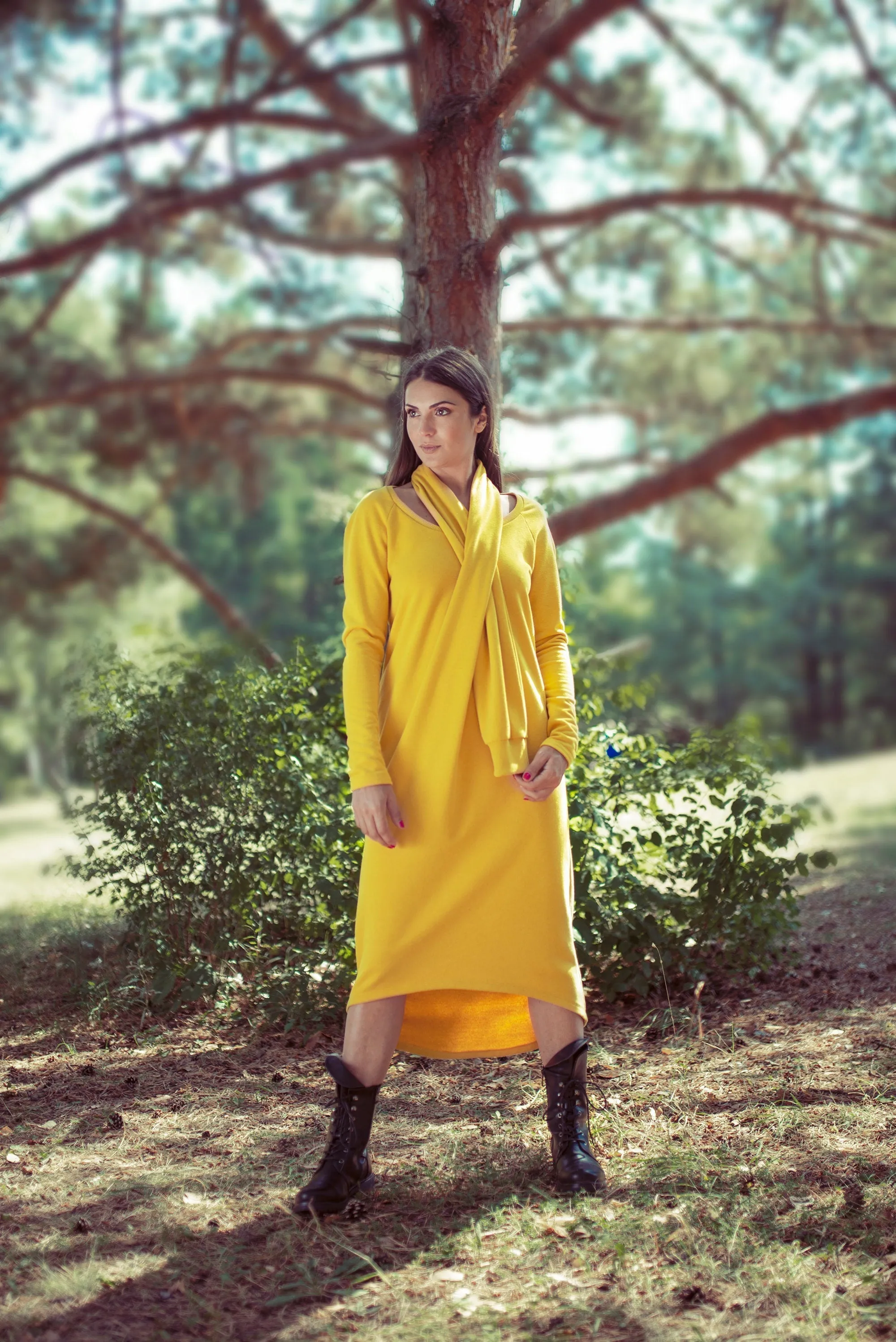 Scarf-Front Mustard Dress