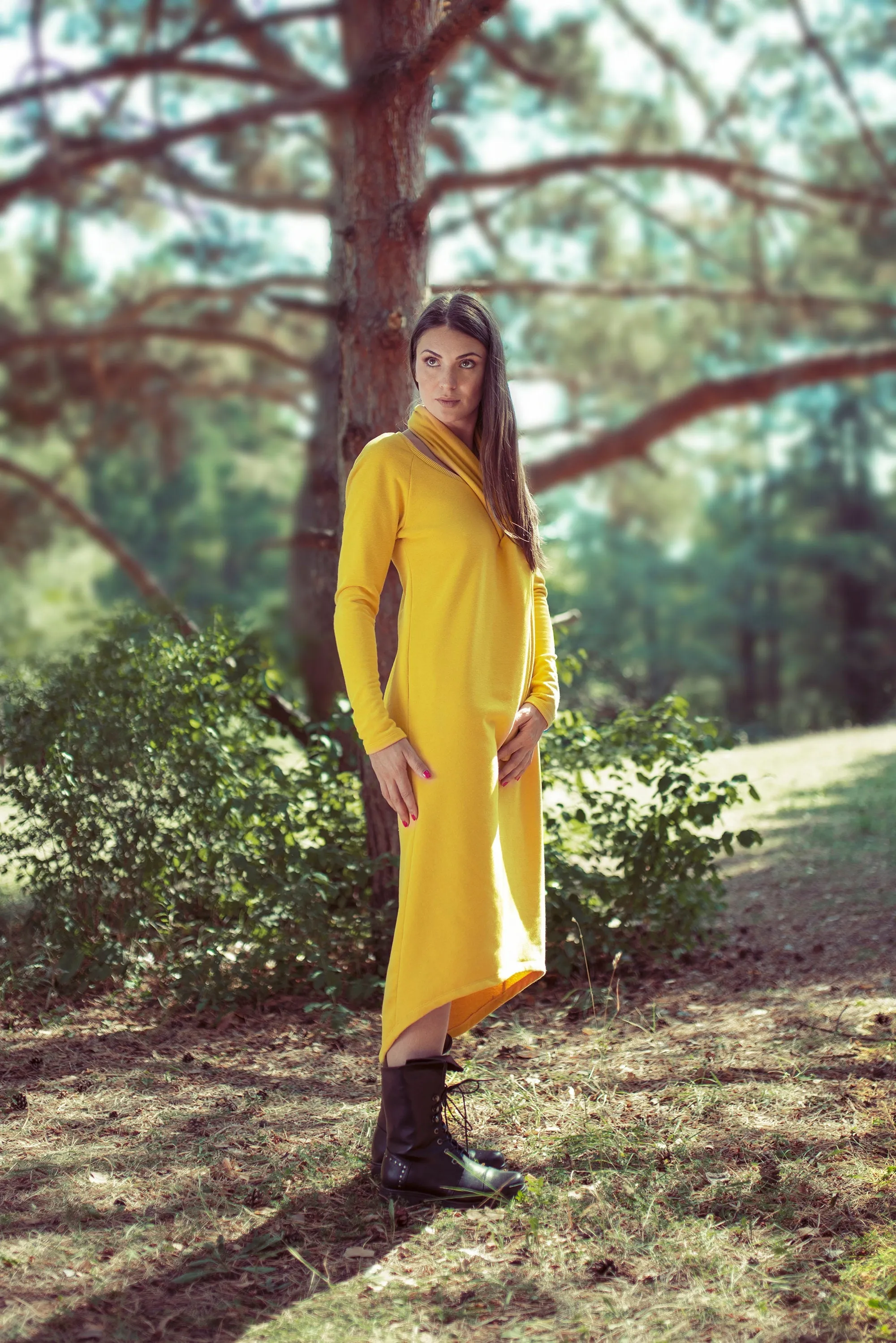 Scarf-Front Mustard Dress