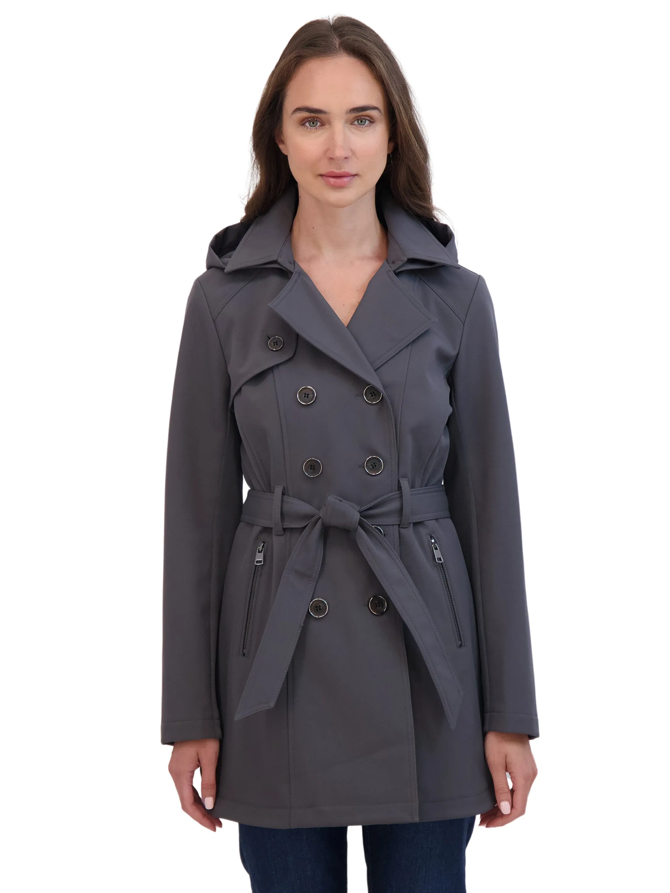 Sebby Collection Women's Belted Double Breasted Soft Shell Trench Coat With Detachable Hood