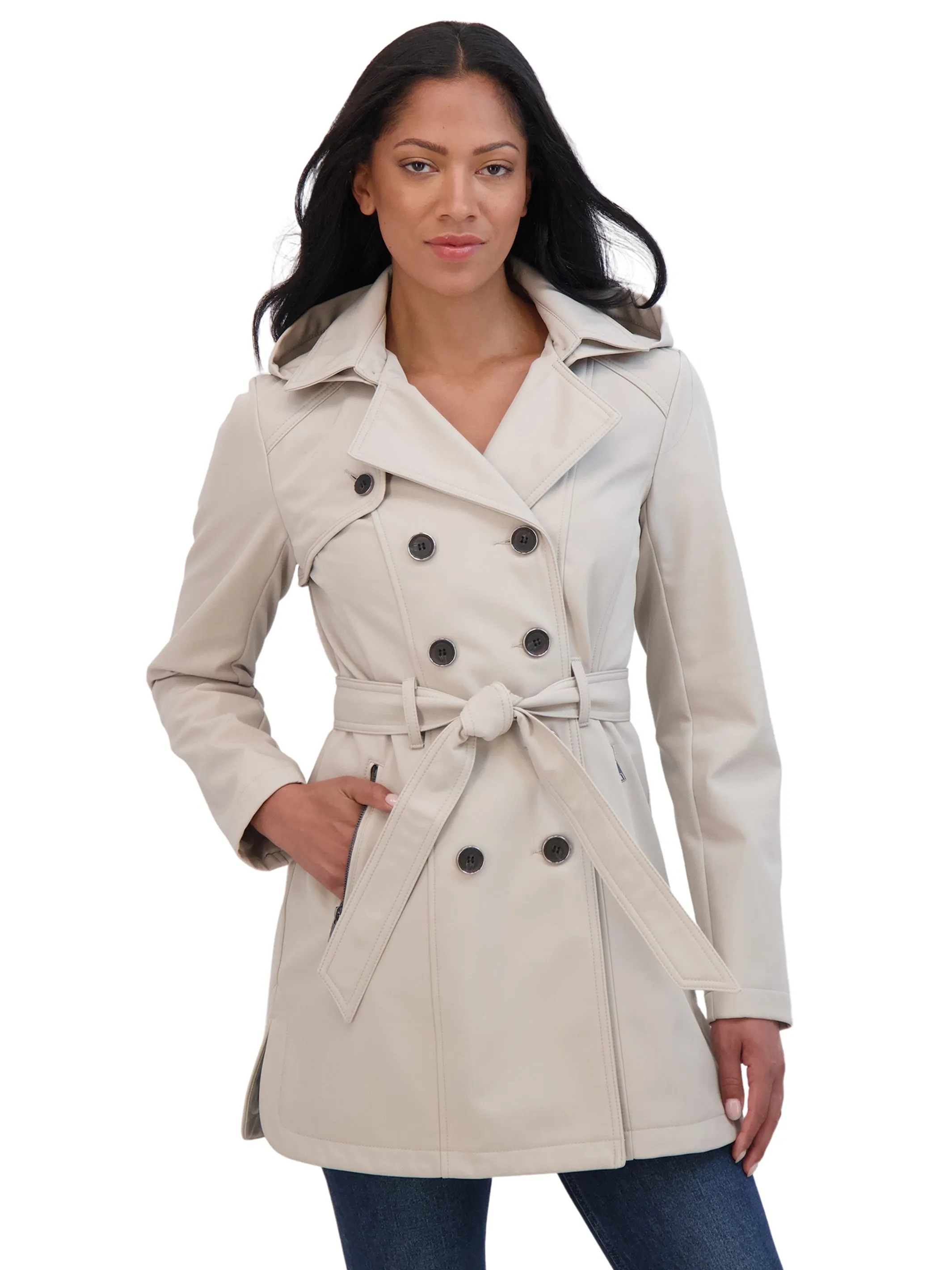 Sebby Collection Women's Belted Double Breasted Soft Shell Trench Coat With Detachable Hood