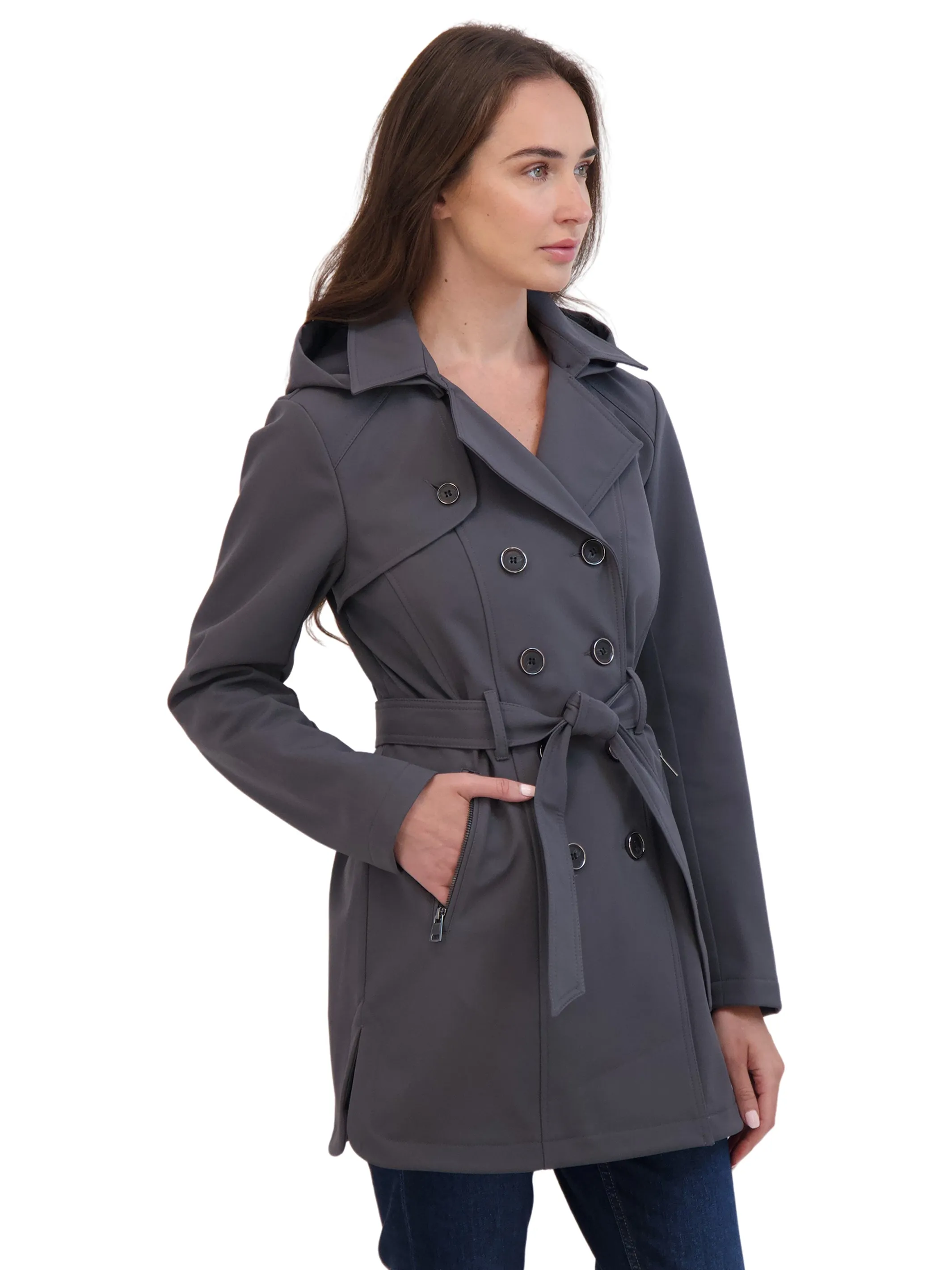 Sebby Collection Women's Belted Double Breasted Soft Shell Trench Coat With Detachable Hood