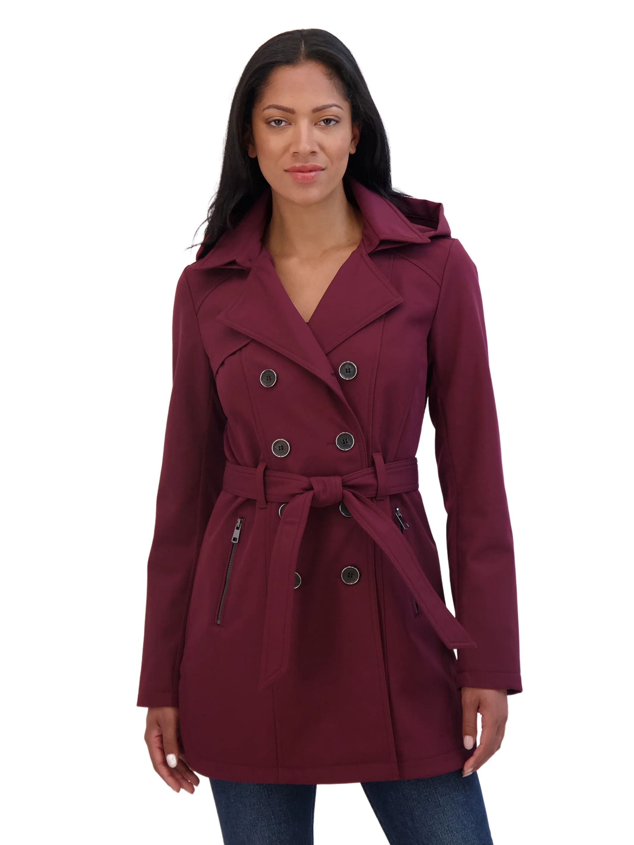 Sebby Collection Women's Belted Double Breasted Soft Shell Trench Coat With Detachable Hood