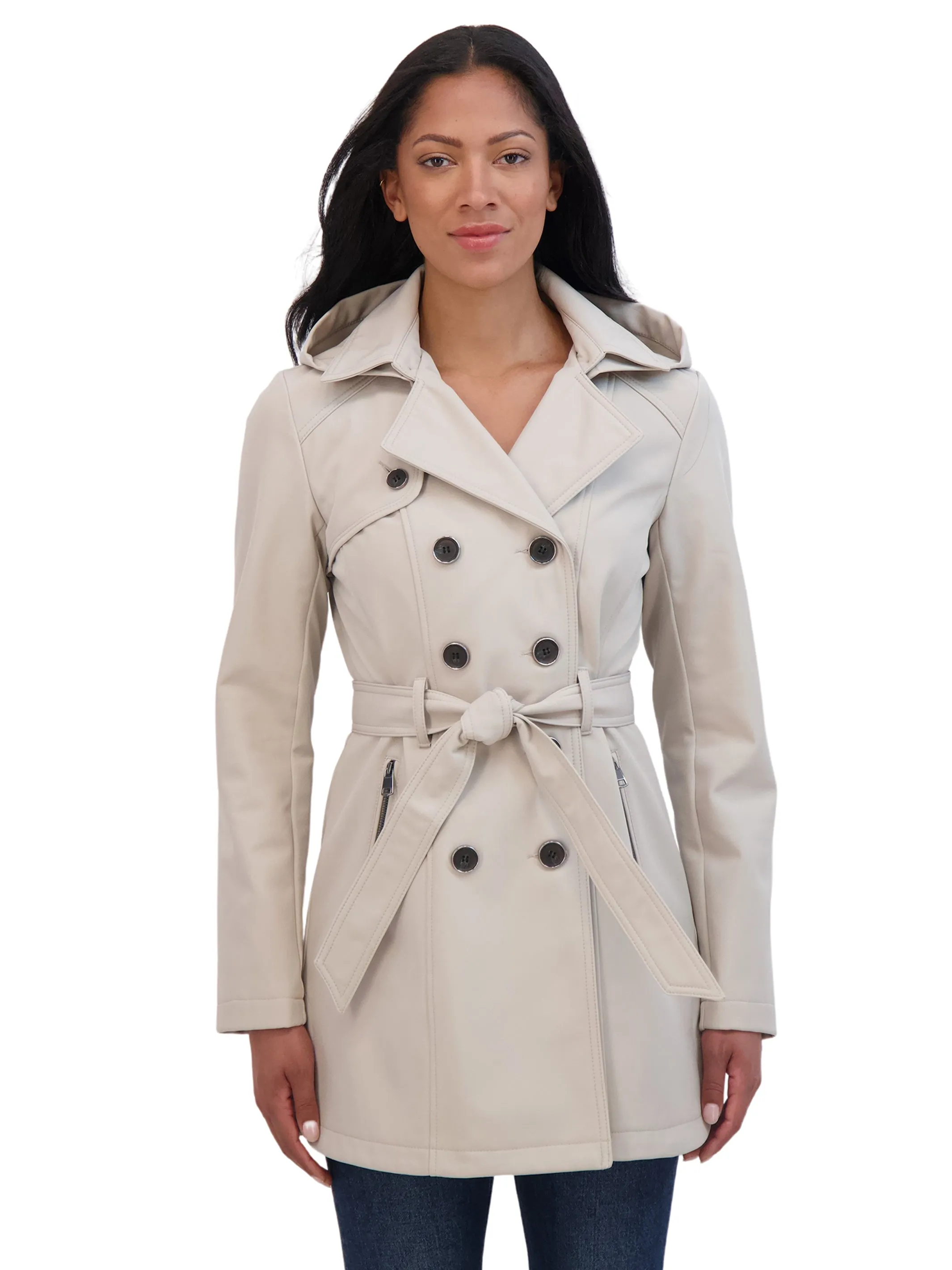 Sebby Collection Women's Belted Double Breasted Soft Shell Trench Coat With Detachable Hood