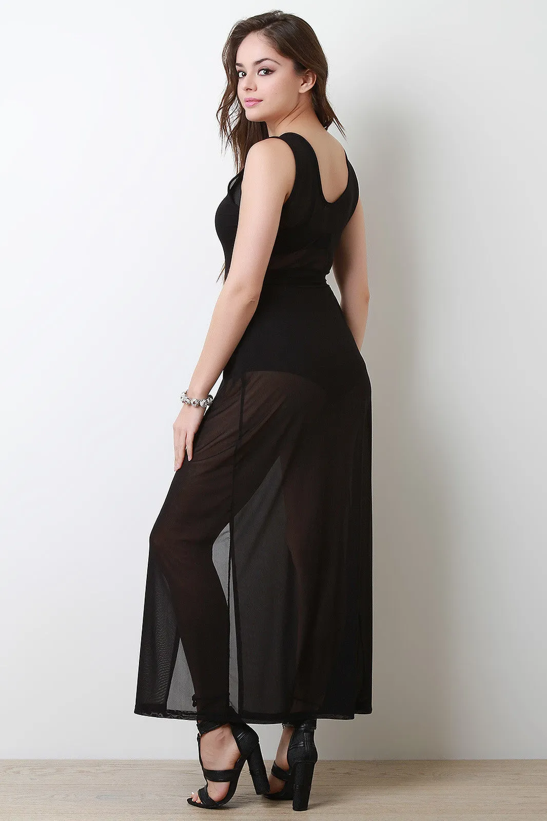 Semi-Sheer Mesh Crisscross V-Neck Maxi Dress