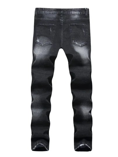 Slim Fit Men's Fashion Jeans Mid Waist Elastic Zipper Printed