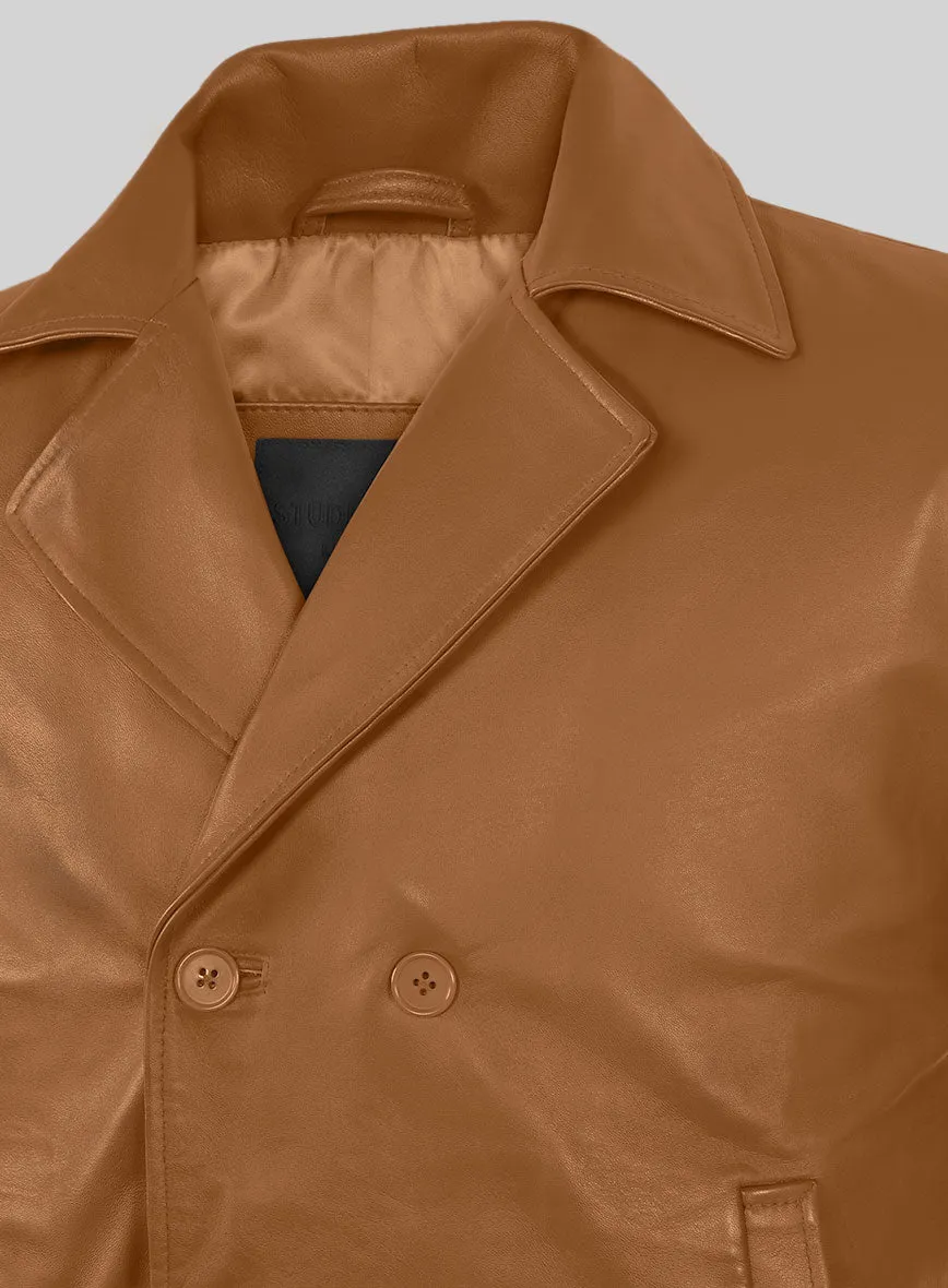 Soft Bella Brown Leather Pea Coat