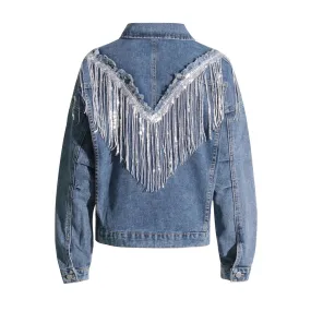 Solid Spliced Tassel Denim Jackets For Women Lapel Long Sleeve Patchwork Single Breasted Loose Casual Jacket Female