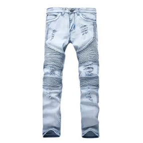 Stone Washed Biker Jeans for Men Light Blue Folds High Elastic Slim Ripped