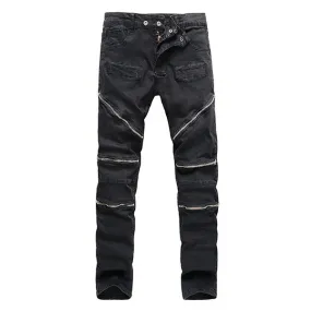 Stone Washed Elastic Slim Denim Jeans For Men Casual Multi-zippers