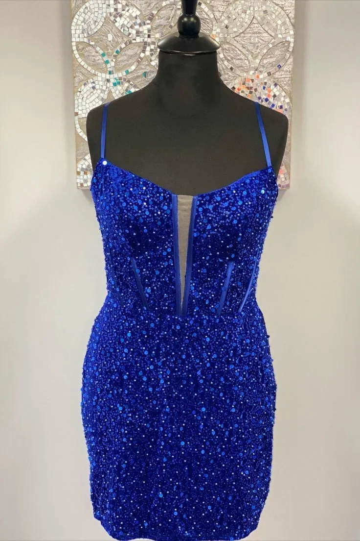 Straps Royal Blue Homecoming Dress, Sequins Bodycon Homecoming Dresses