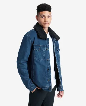 Stretch Denim Jacket in Blue with Sherpa Collar   Lining