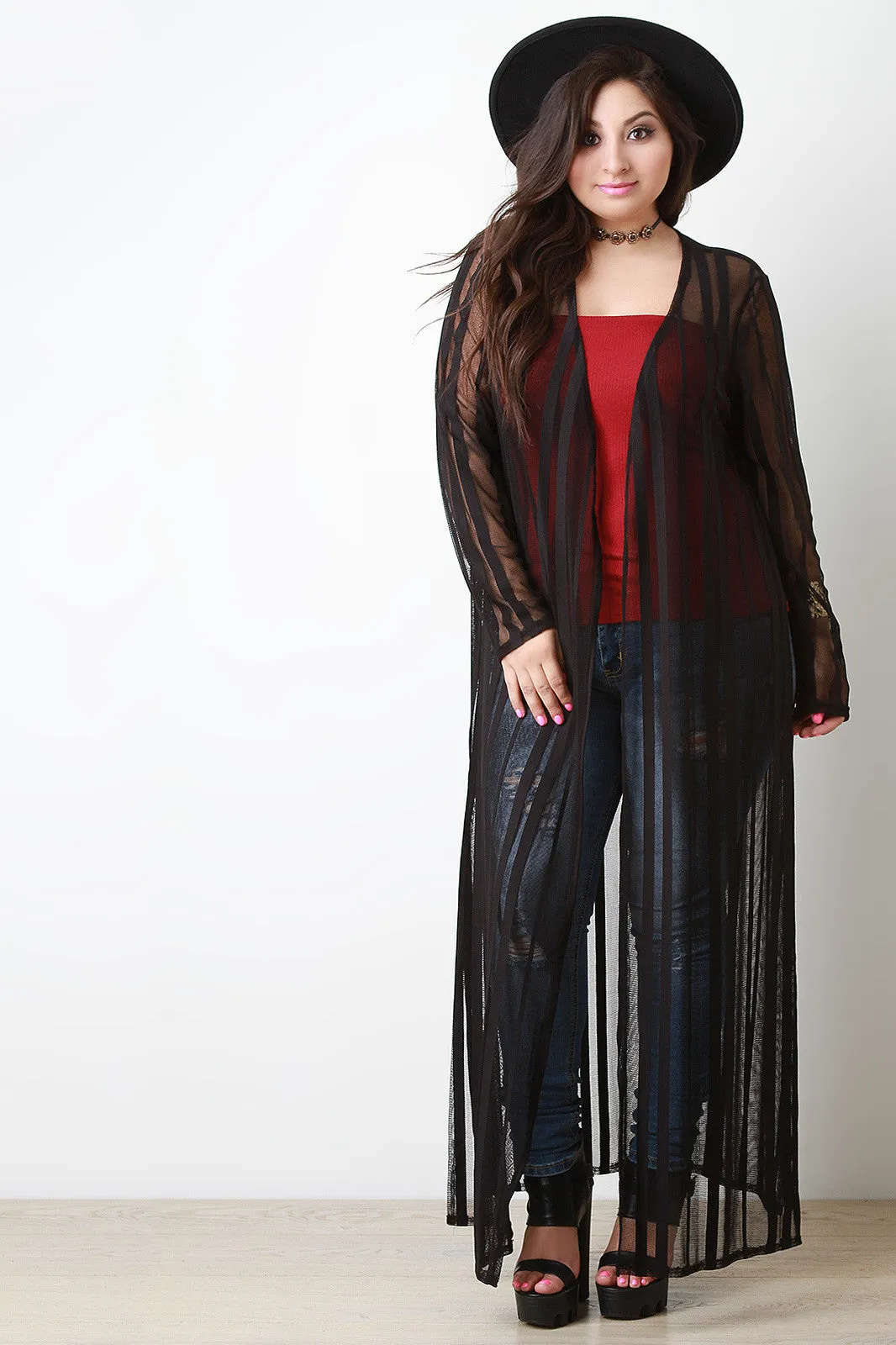 Striped Mesh Maxi Cardigan