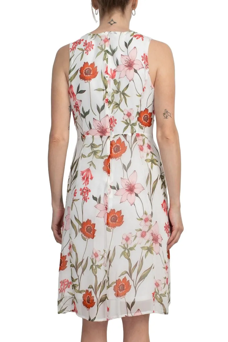 Studio One Crew Neck Sleeveless Bodycon Floral Print Chiffon Dress with 3/4 Sleeve Solid Crepe Bolero