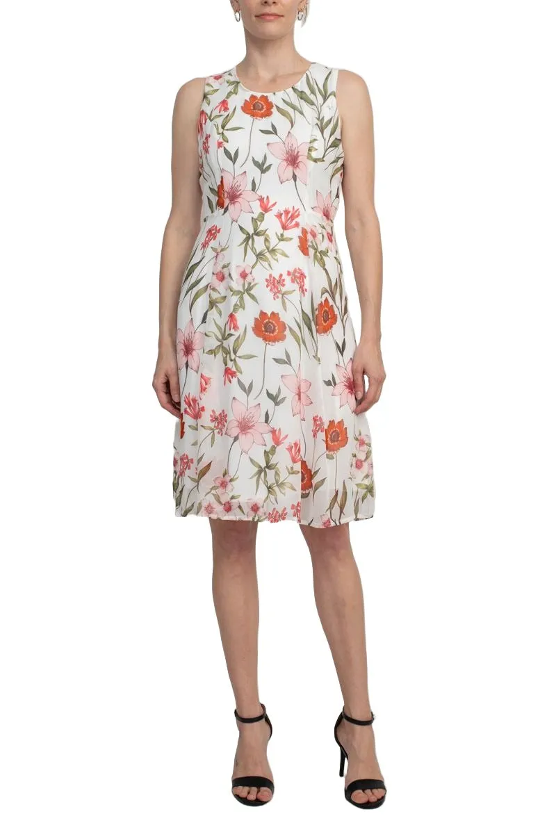 Studio One Crew Neck Sleeveless Bodycon Floral Print Chiffon Dress with 3/4 Sleeve Solid Crepe Bolero