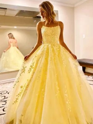 Stylish Backless Yellow Lace Long Prom 2020, Backless Yellow Formal, Open Back Yellow Lace Evening