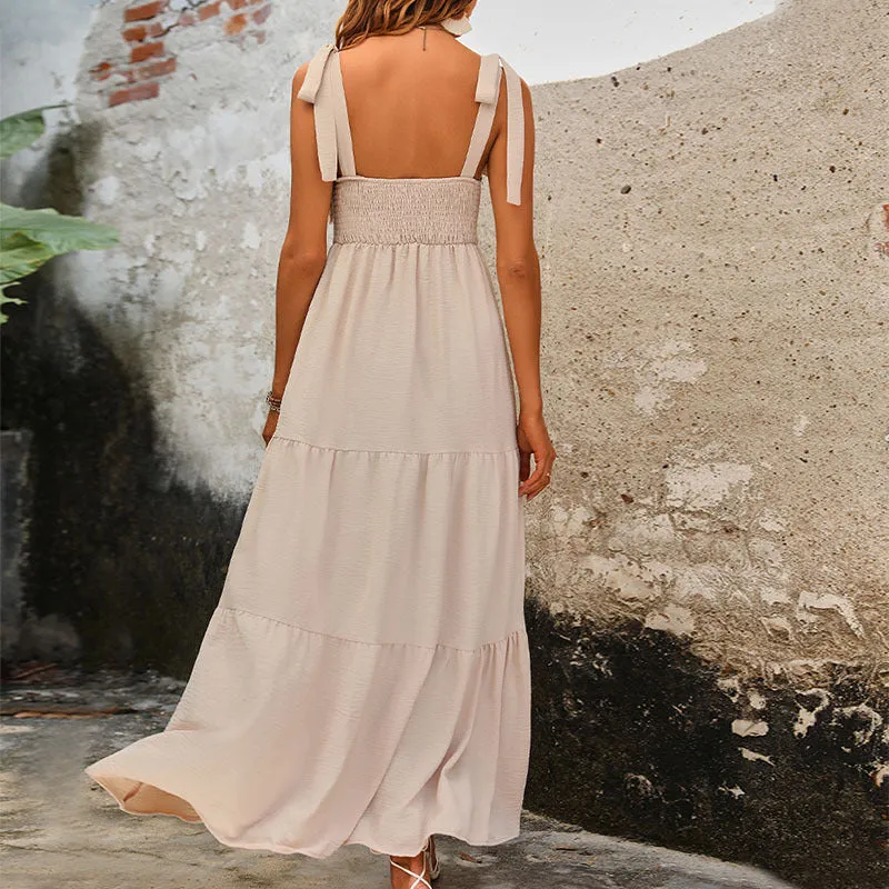 Summer New Cross-border Women's Solid Color Sling Maxi Dress